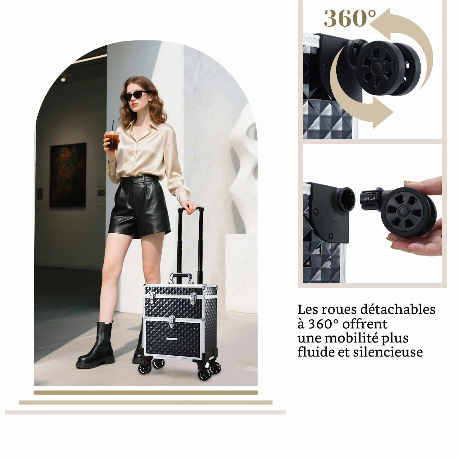 Valise Maquillage Professionnelle avec Roulettes et Casiers, Noir