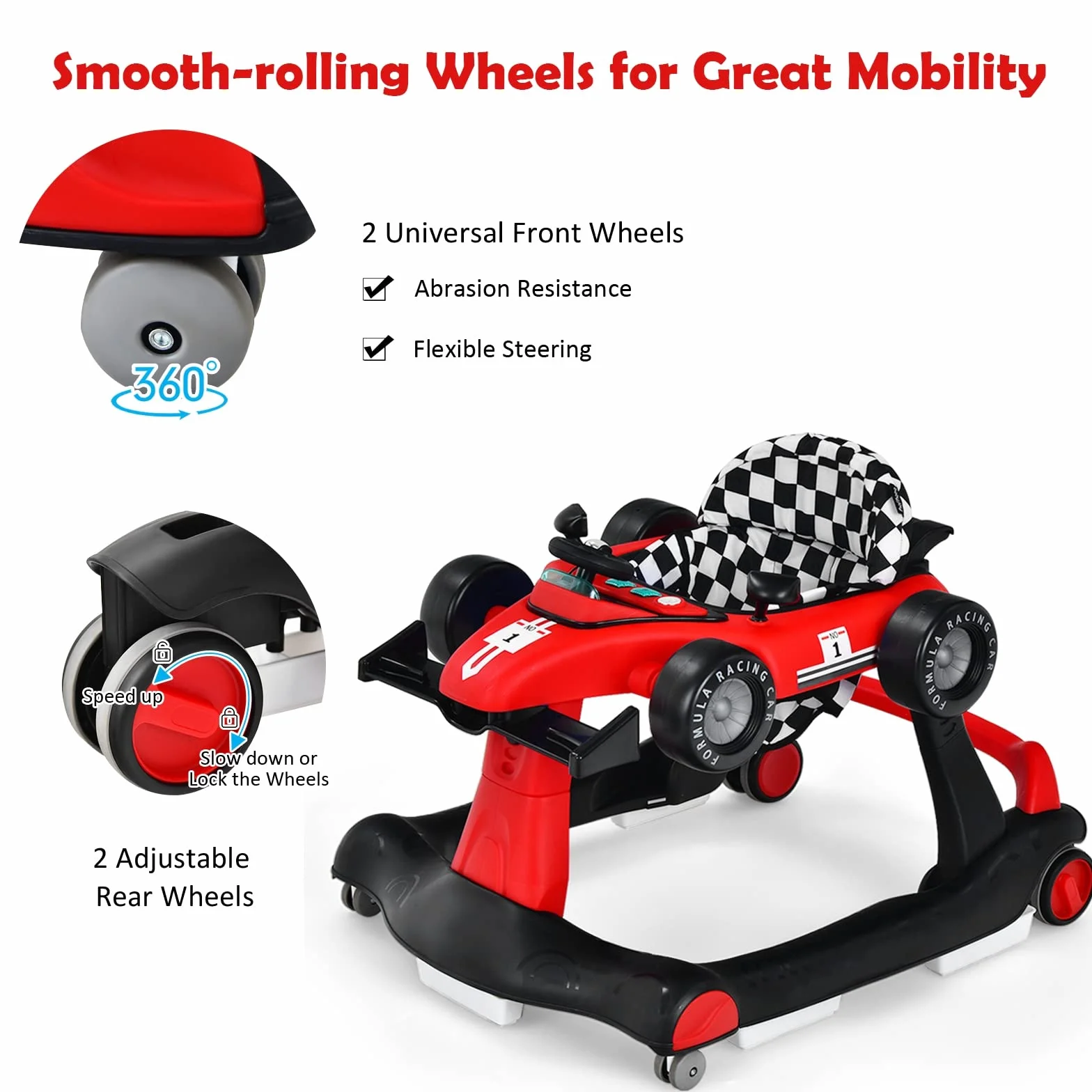 LIFEZEAL Trotteur Bébé 4 en 1 Pliable avec 3 Hauteurs Réglables, Marcheur Musical, 6-18 Mois, 15 kg, Rouge