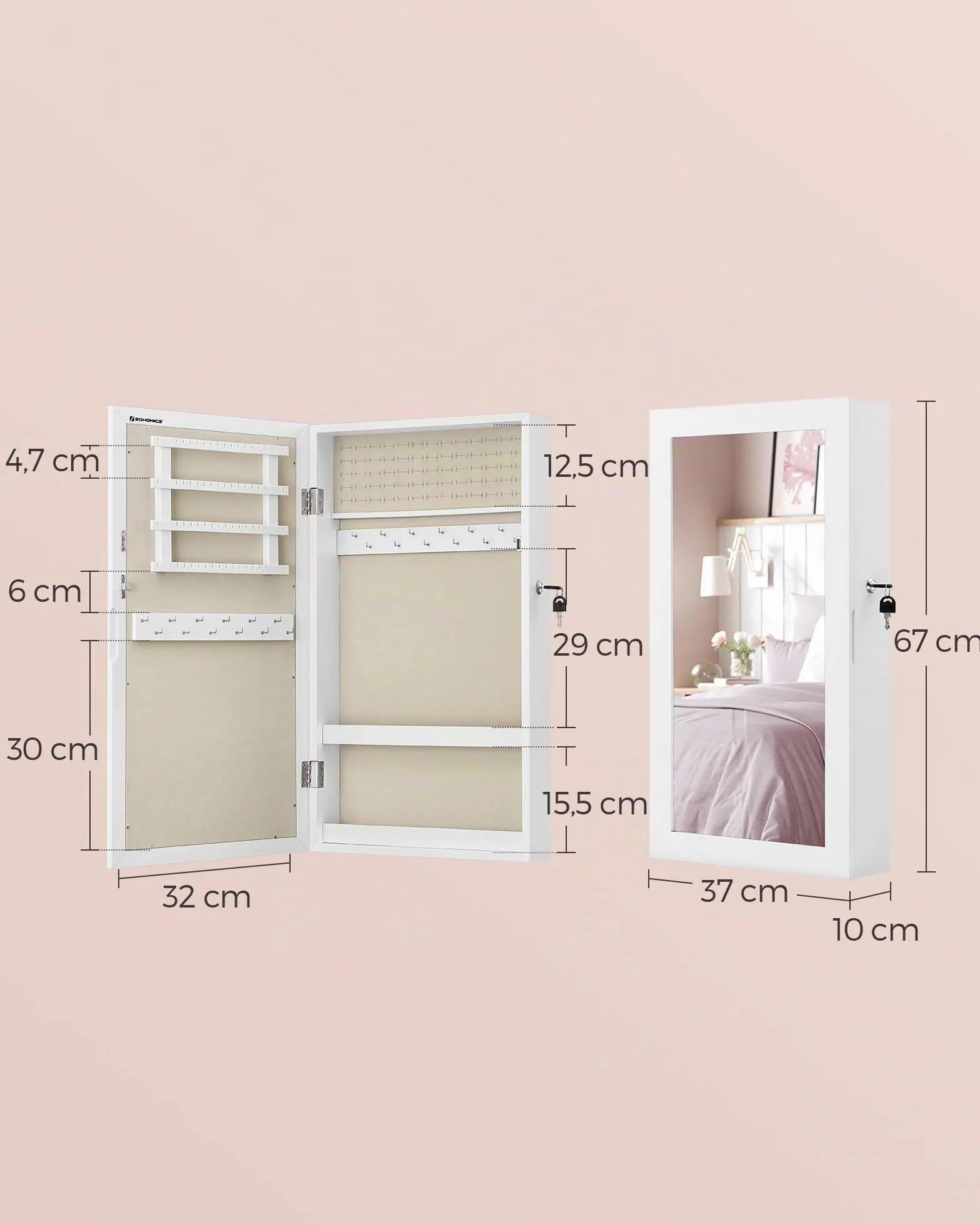 SONGMICS Armoire à Bijoux Murale avec Miroir, Verrouillable, Blanc et Grège JJC051W02