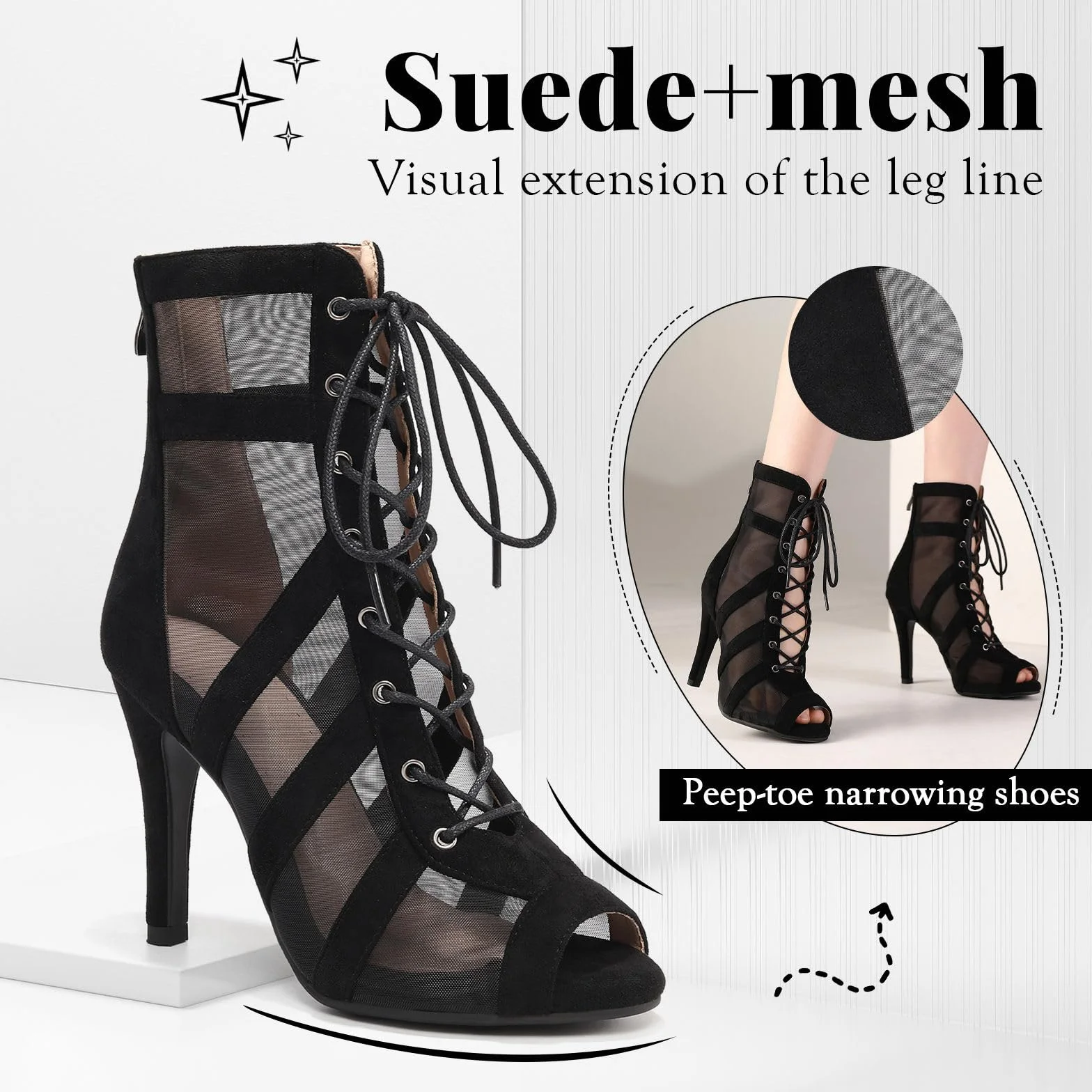 Bottines de Danse Femme Bout Ouvert Salsa Bachata Tango Performance