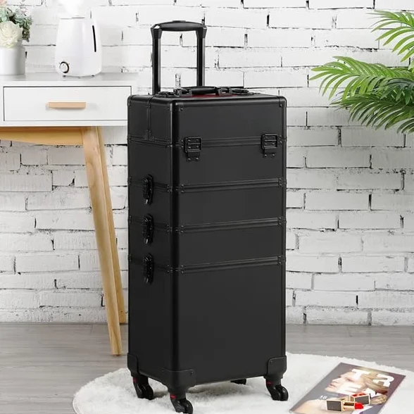 Valise Maquillage Professionnelle 4 en 1 à roulettes, Pivotante 360°, Noir