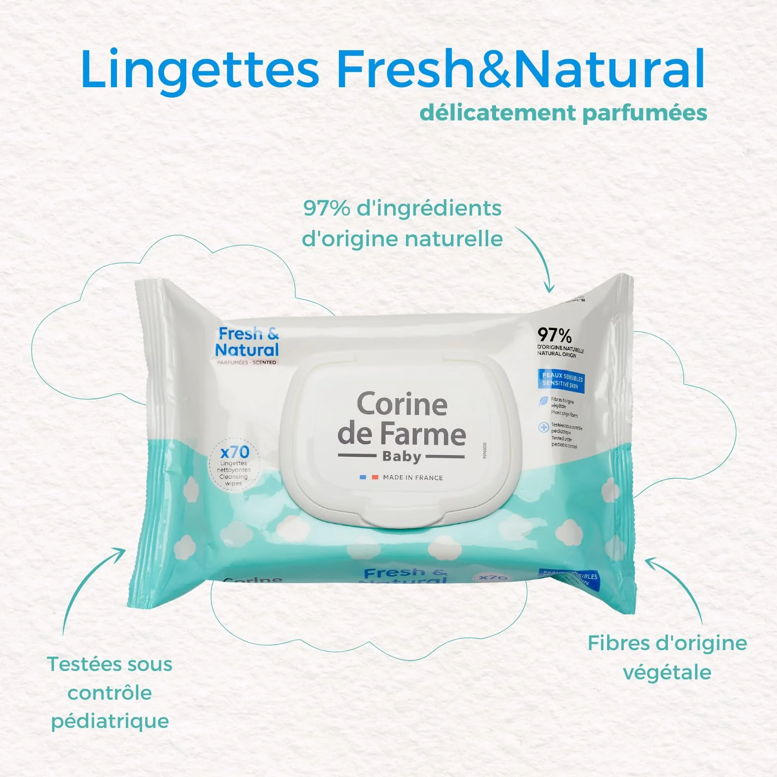 Corine de Farme Lingettes Bébé Nettoyantes Change Fresh & Natural x70, 97% d'Origine Naturelle, Capot Refermable