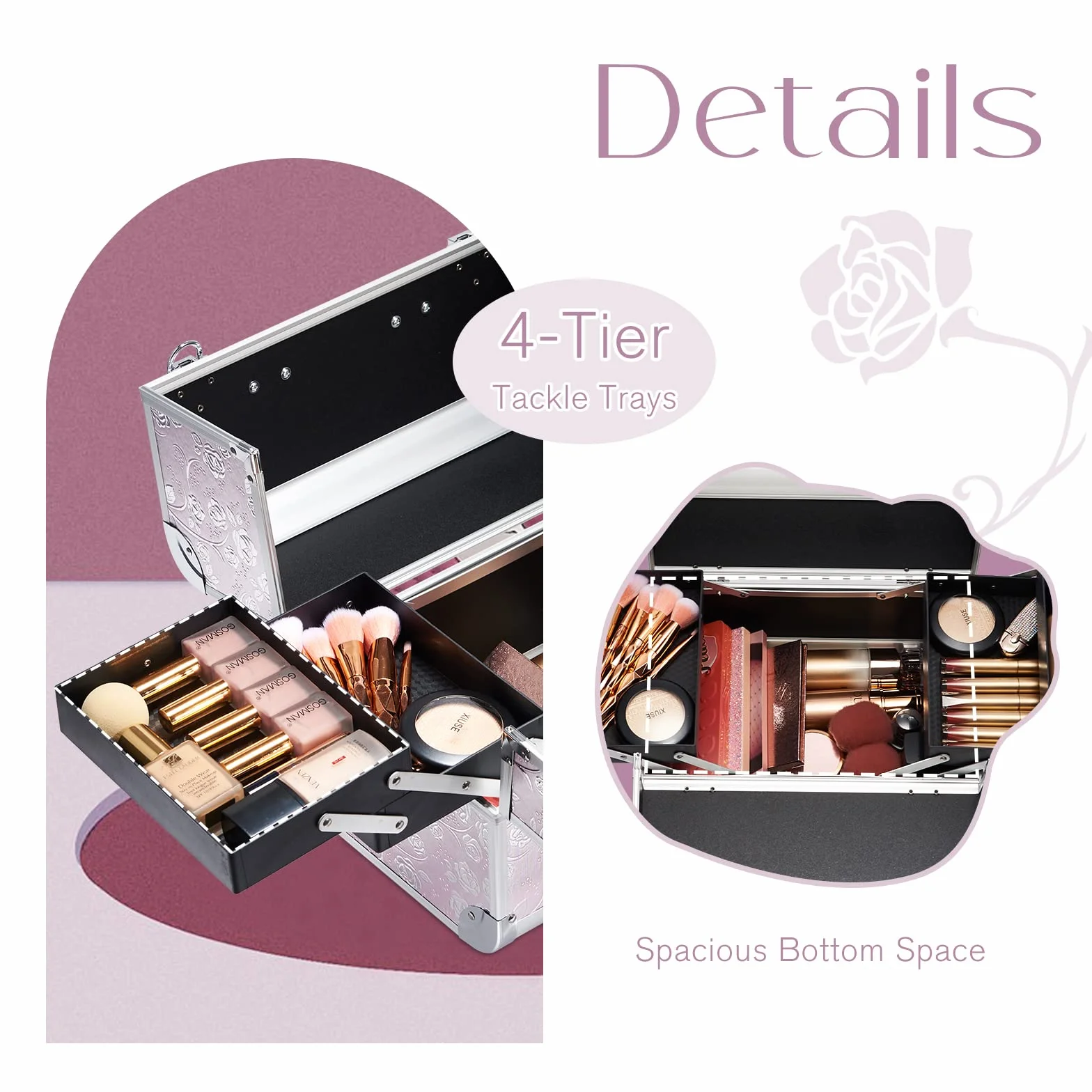 Malette Maquillage Aluminium Vanity Professionnelle Rangement Cosmétiques Coiffure Manucure Rose