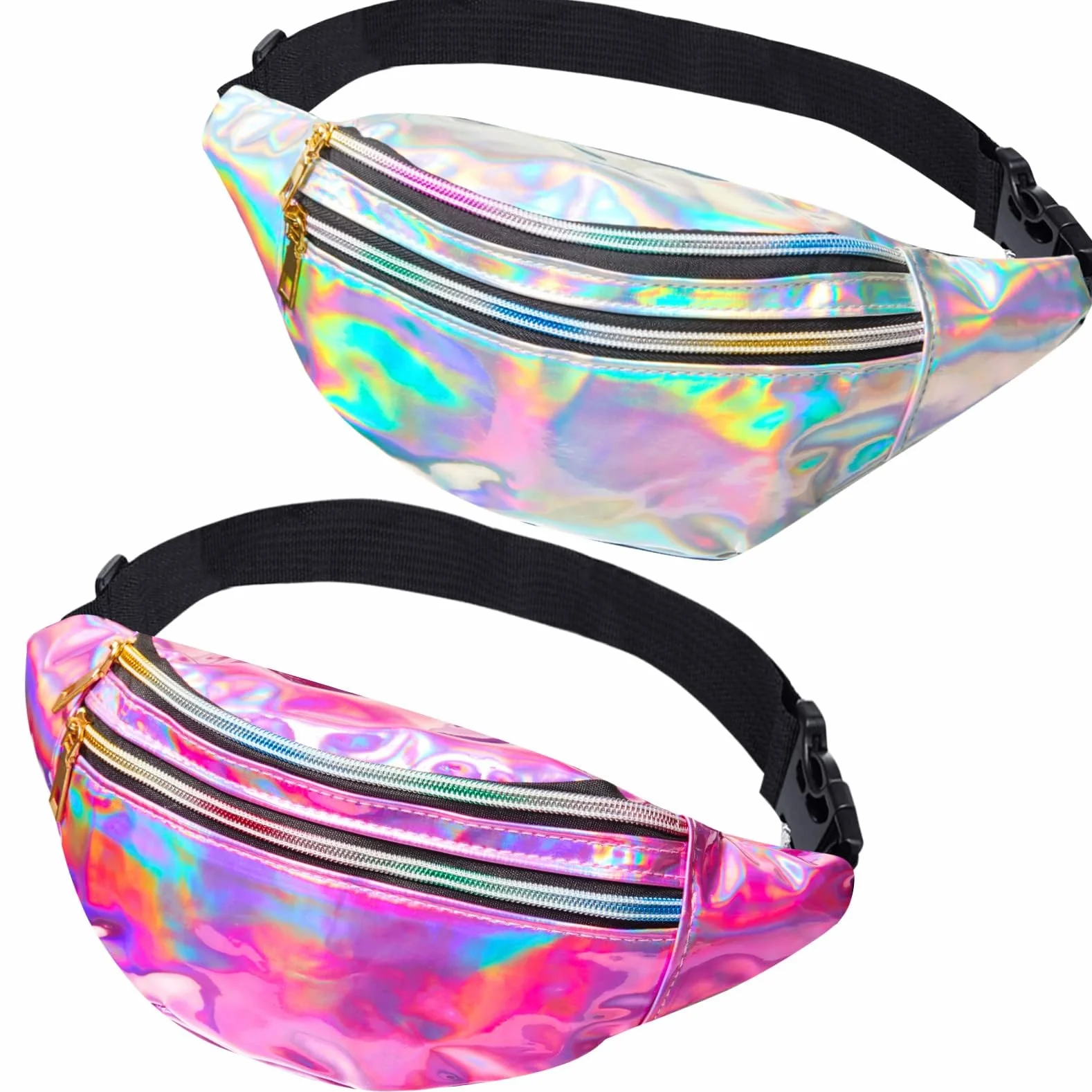 JunD Sac Banane Femme Cuir PU Holographique Années 80 90 pour Festivals Randonnée Course à Pied 2 Pack Argent Rose