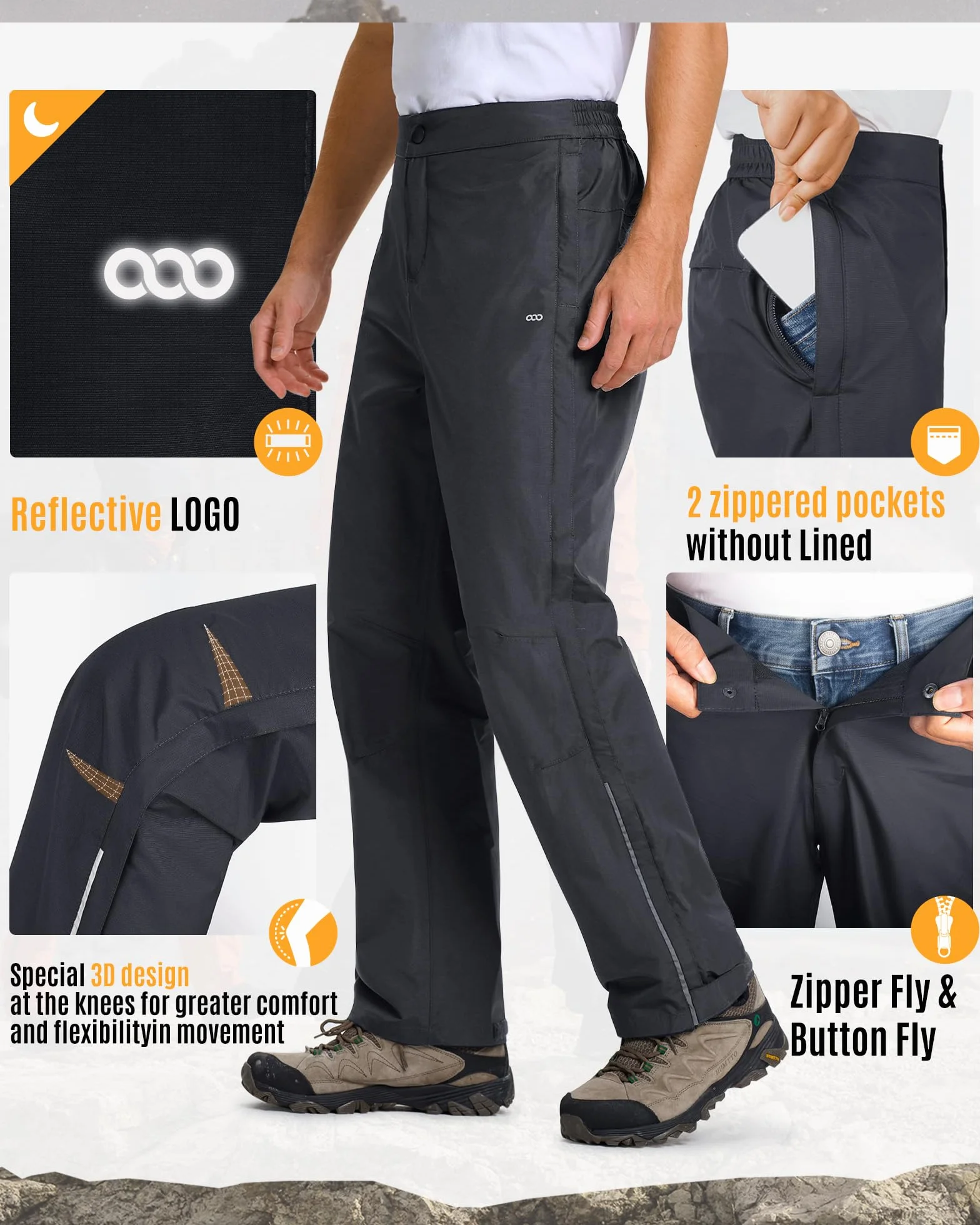 Pantalon de Pluie Homme Imperméable Respirant Coupe-Vent 33000ft Double Couche Fermeture Éclair Intégrale