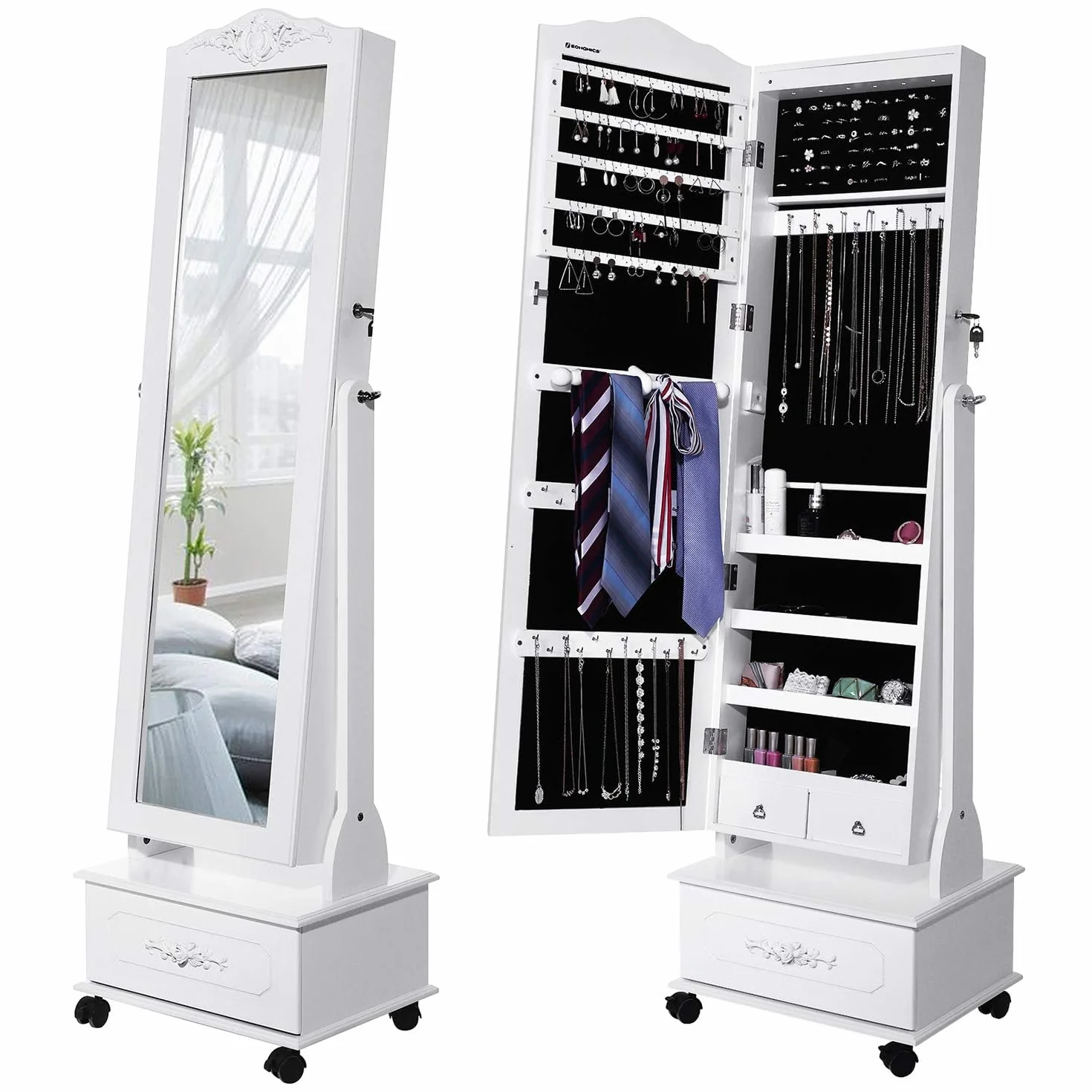SONGMICS Armoire à Bijoux avec Miroir sur Pieds, Lumières LED 3 Couleurs, Intensité Réglable, Blanc JJC012W01