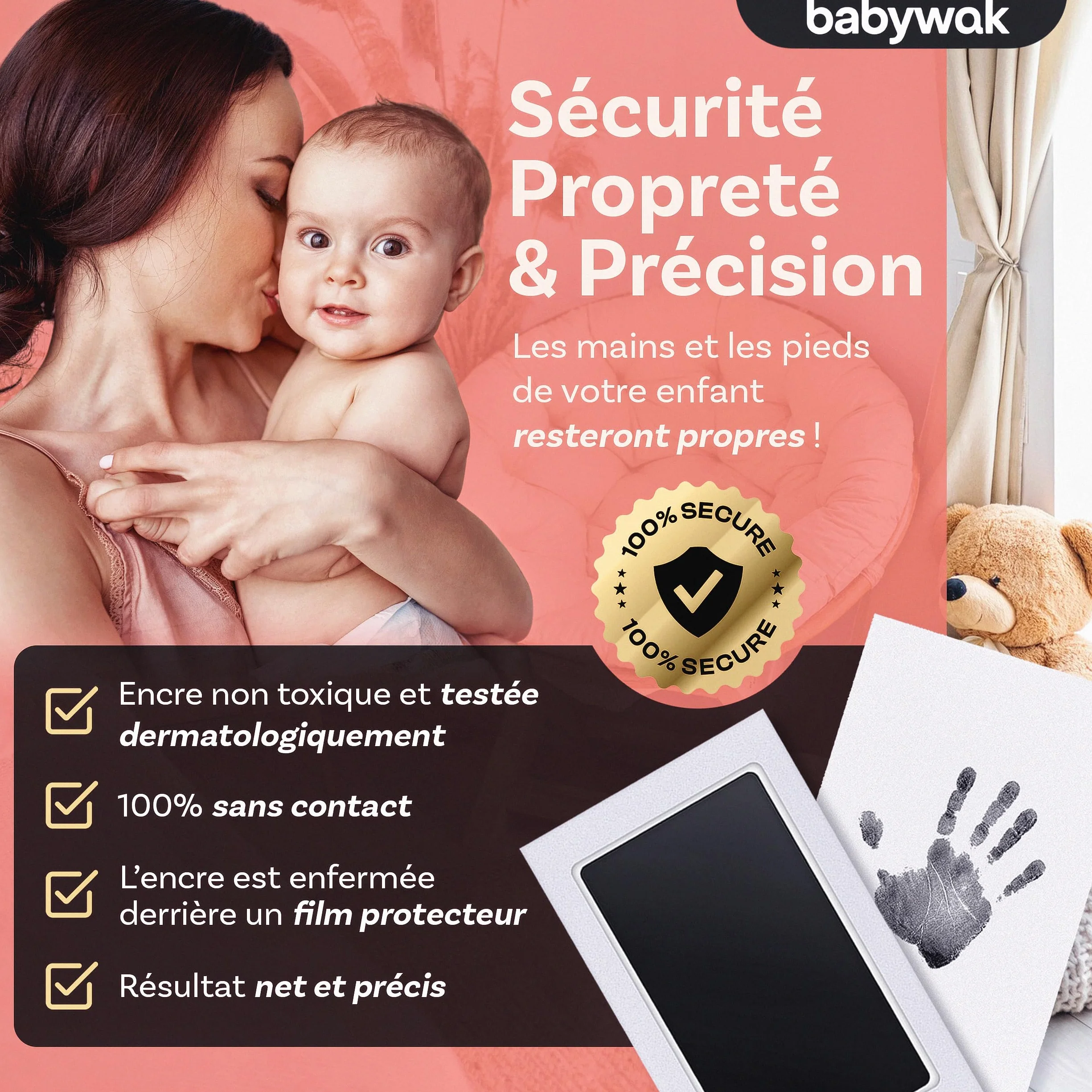 Kit Empreinte Bébé sans Encre avec Cadre Photo en Bois – Cadeau Naissance Baby Shower – Souvenir Nouveau-né 0-6 Mois
