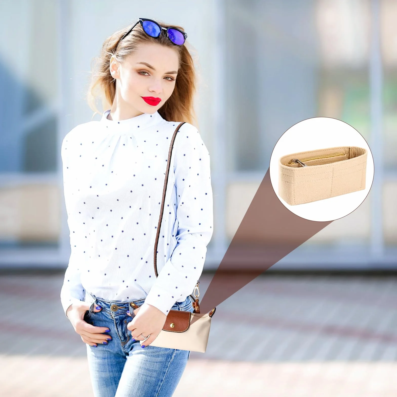 Marron Beige Bandoulière Organisateur Sac Longchamp Mini Femme Réglable Cuir Feutre Poches Multiples