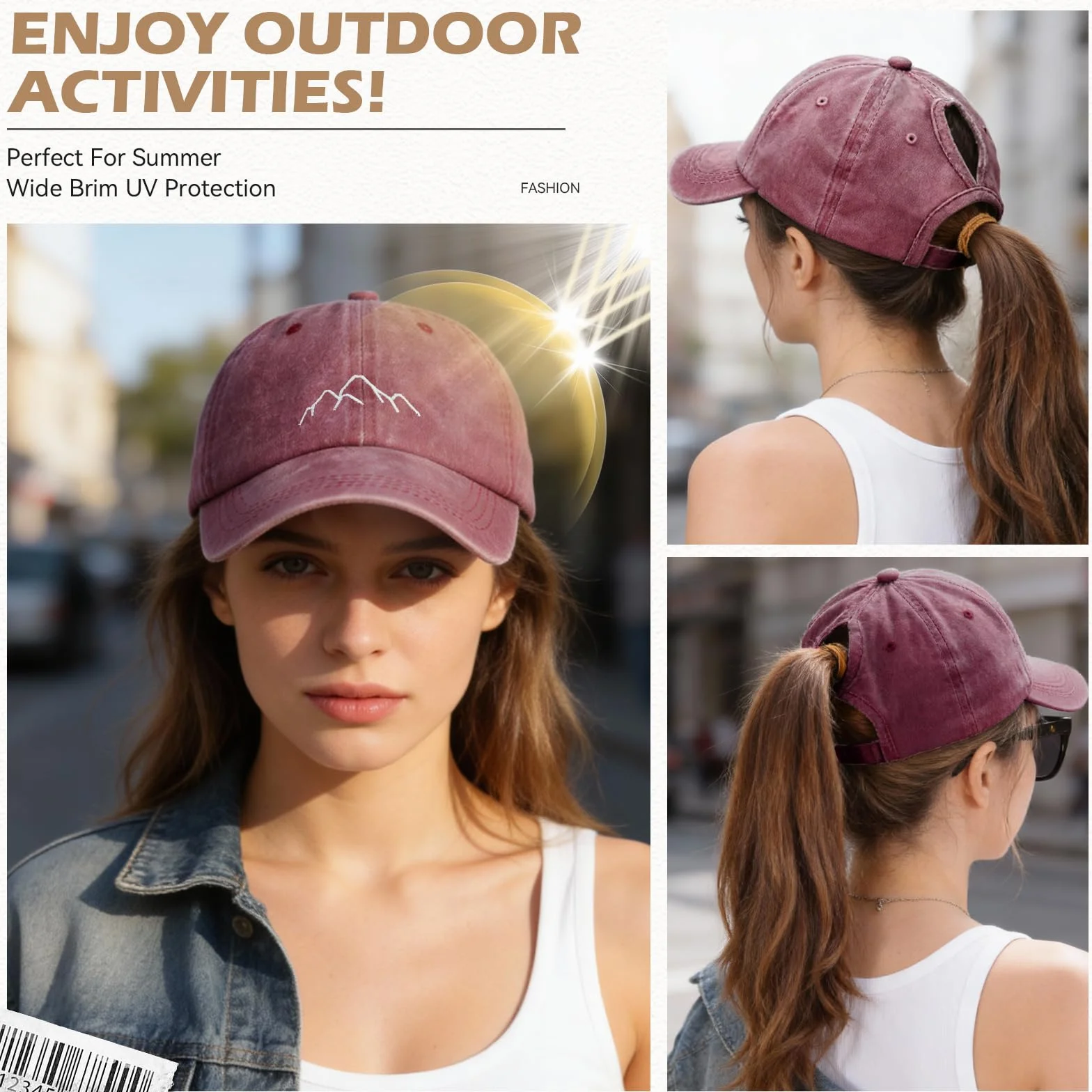 Casquette Femme Queue de Cheval Réglable Coton Respirante Broderie Baseball Cap