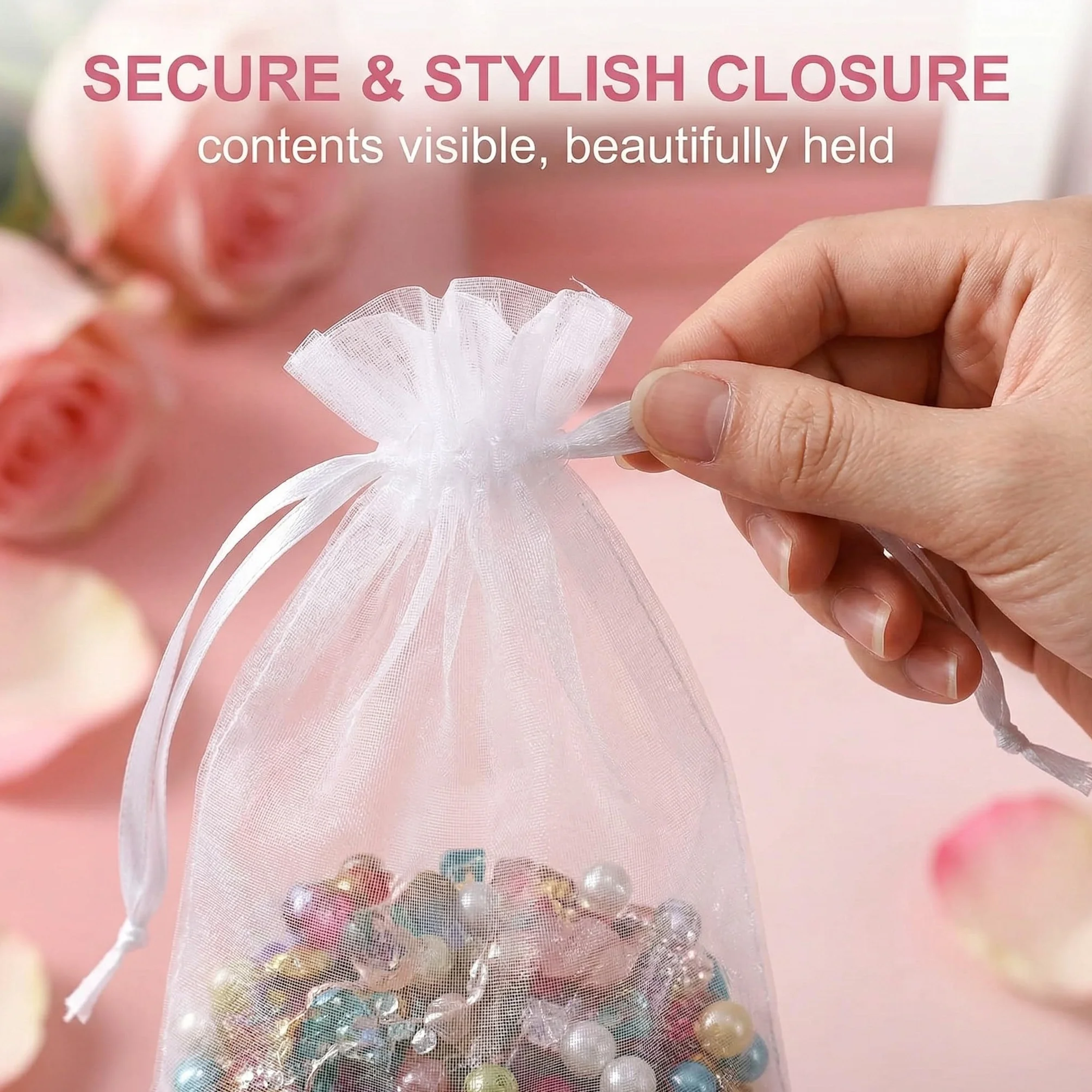 Sachet Organza 50 Pièces 10x15cm Blanc avec Cordon pour Bijoux Cadeaux Mariage