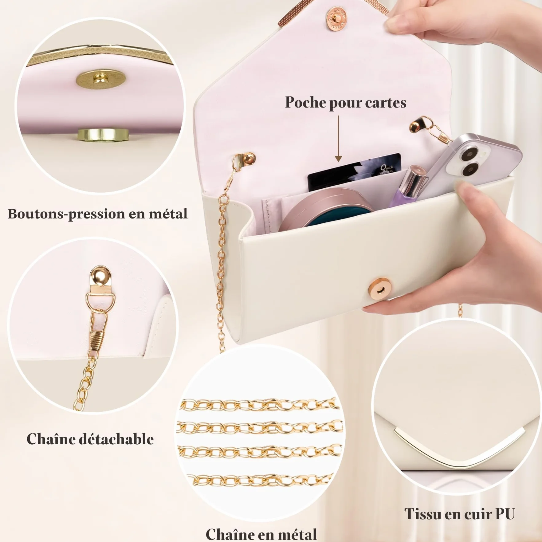 Larcenciel Pochettes et Clutches Femme, Sac à Main Élégante avec Bandoulière Détachable Sacoche Femme