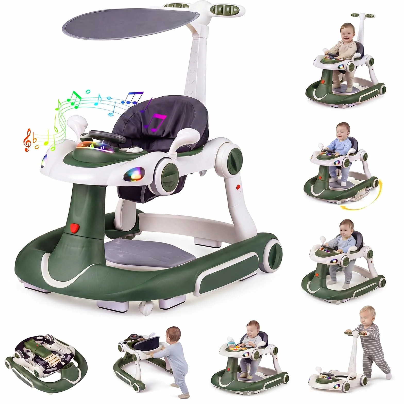 COSTWAY Trotteur Bébé Pliable 7 en 1 avec Mode Bascule et Sautillant, Hauteur Réglable, Musique et Lumière, Charge 12kg, 7-18 Mois (Vert)