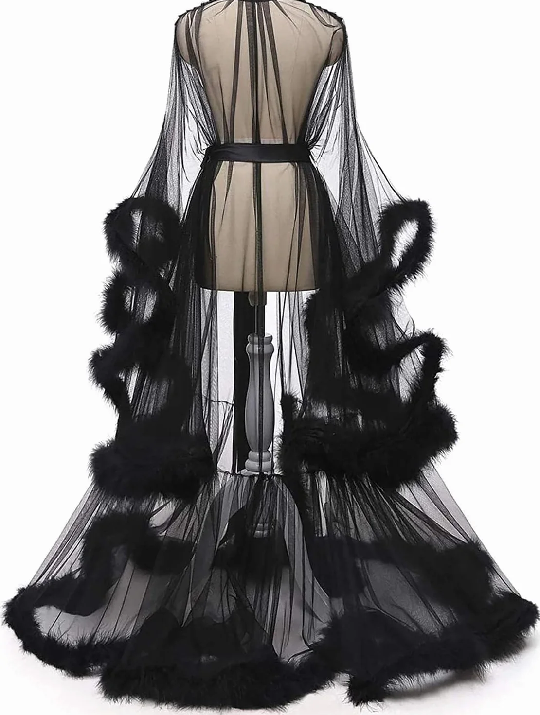 Kimono Sexy Robe Perspective Lingerie Nuisette Plumes Ceinture Grande Taille Maille Transparente One Size