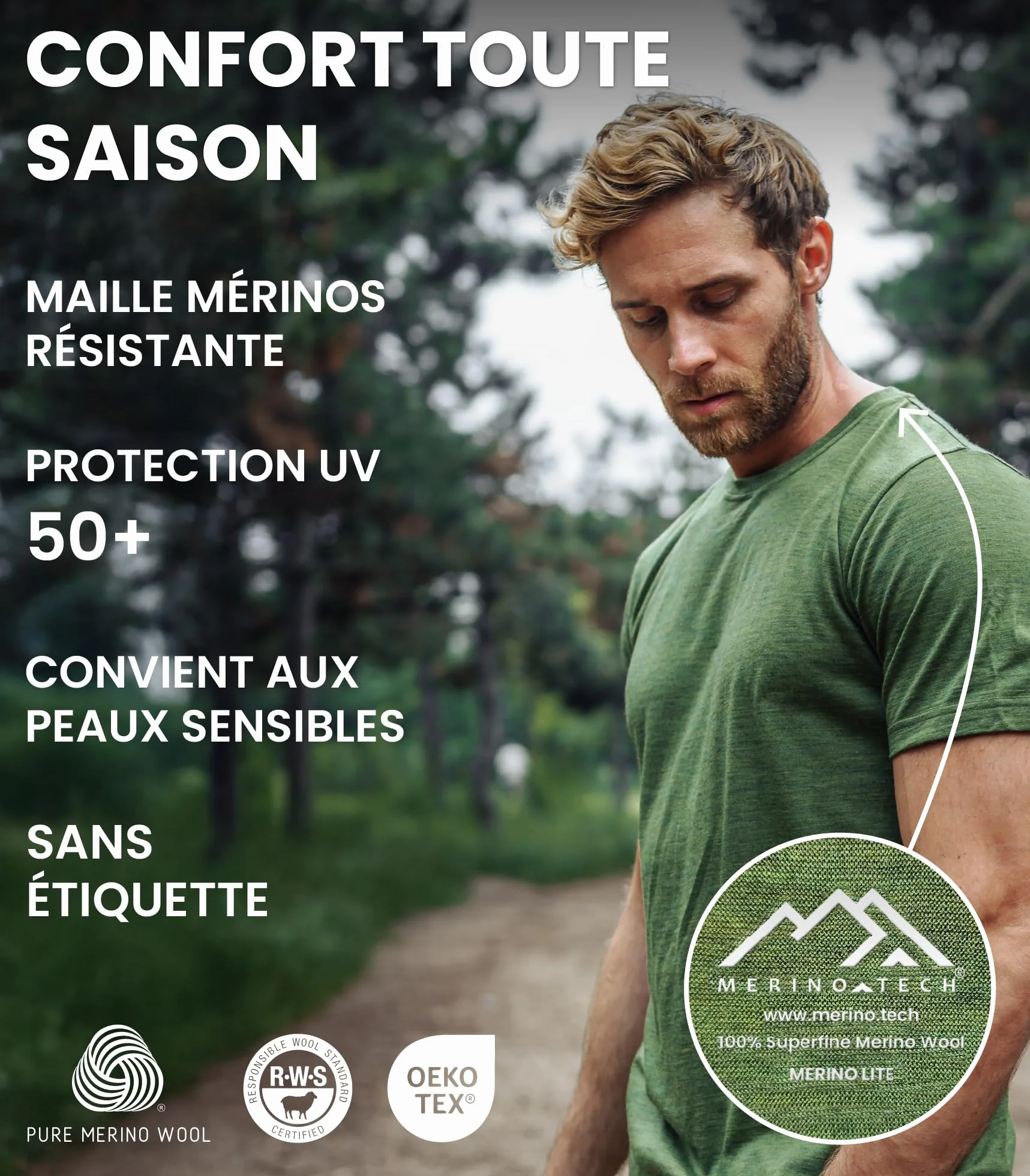 Merino.tech T-Shirt Mérinos Homme 100% Merino Wool Thermique avec Chaussettes