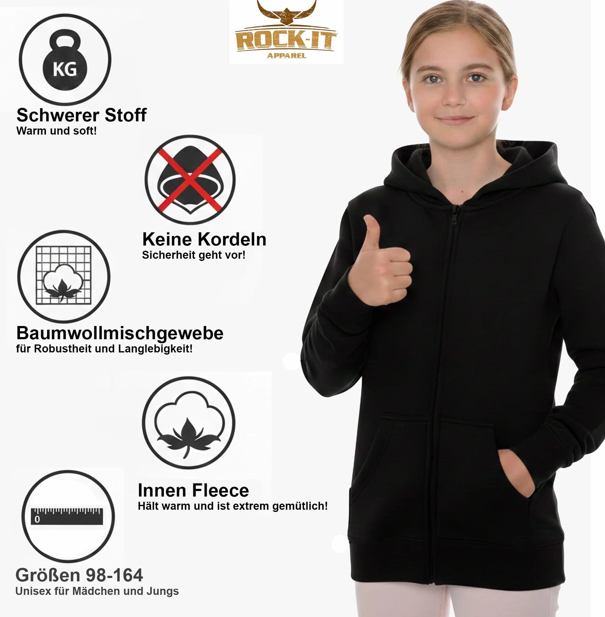 Veste à Capuche Enfants Zip Unisexe ROCK-IT Apparel Noir Bleu Rouge Tailles 98-164
