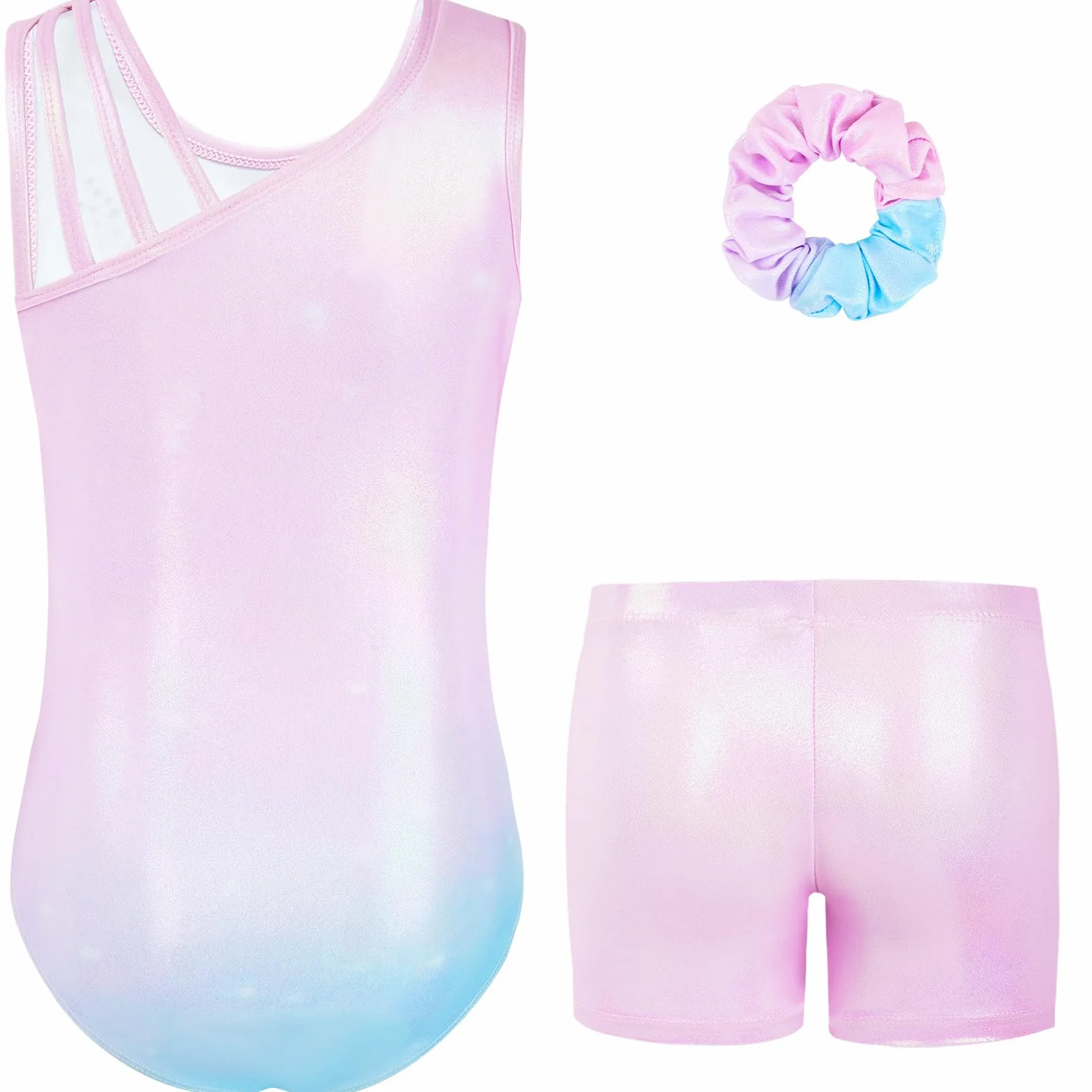 Gogokids Ensemble de Gymnastique Trois Pièces pour Filles, Justaucorps Sans Manches avec Shorts et Bandeau, Dégradé Scintillant 3-12 Ans