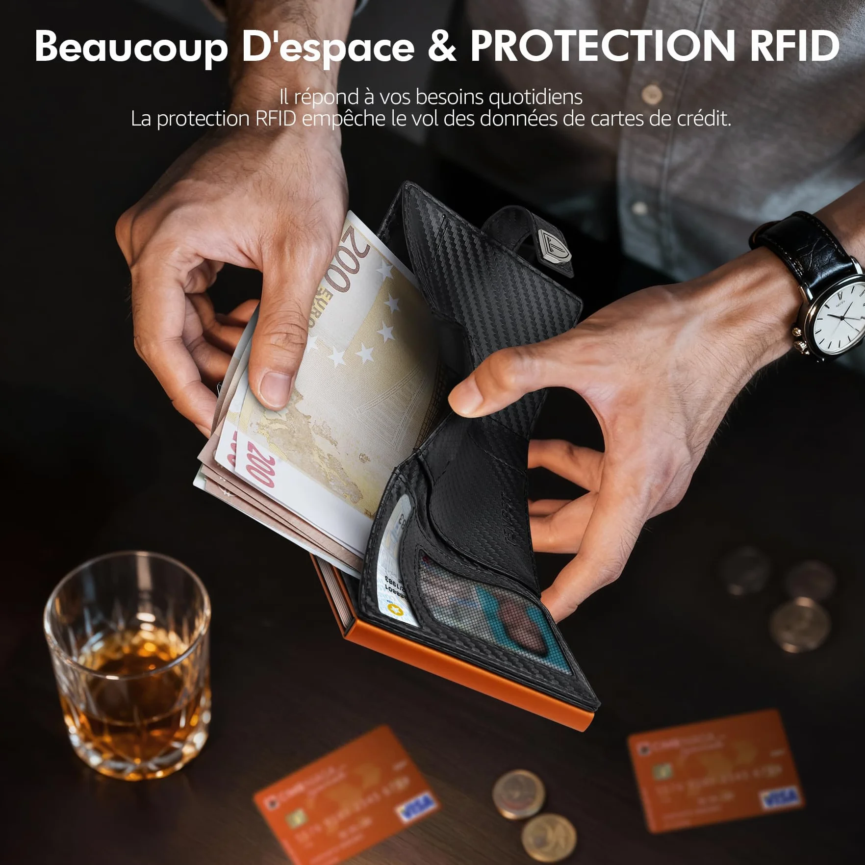 TENBST Portefeuille Homme Ultra Fin RFID Protection 10 Cartes Crédit Noir Orange