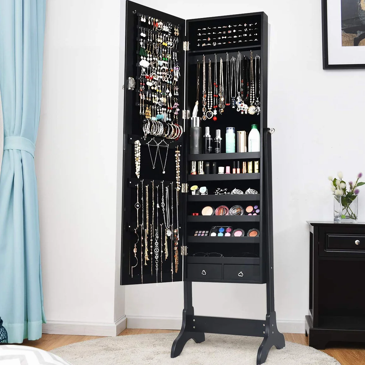 COSTWAY Armoire à Bijoux sur Pied avec Miroir Pivotante 4 Niveaux 8 Étagères Rangement Bijoux Noir