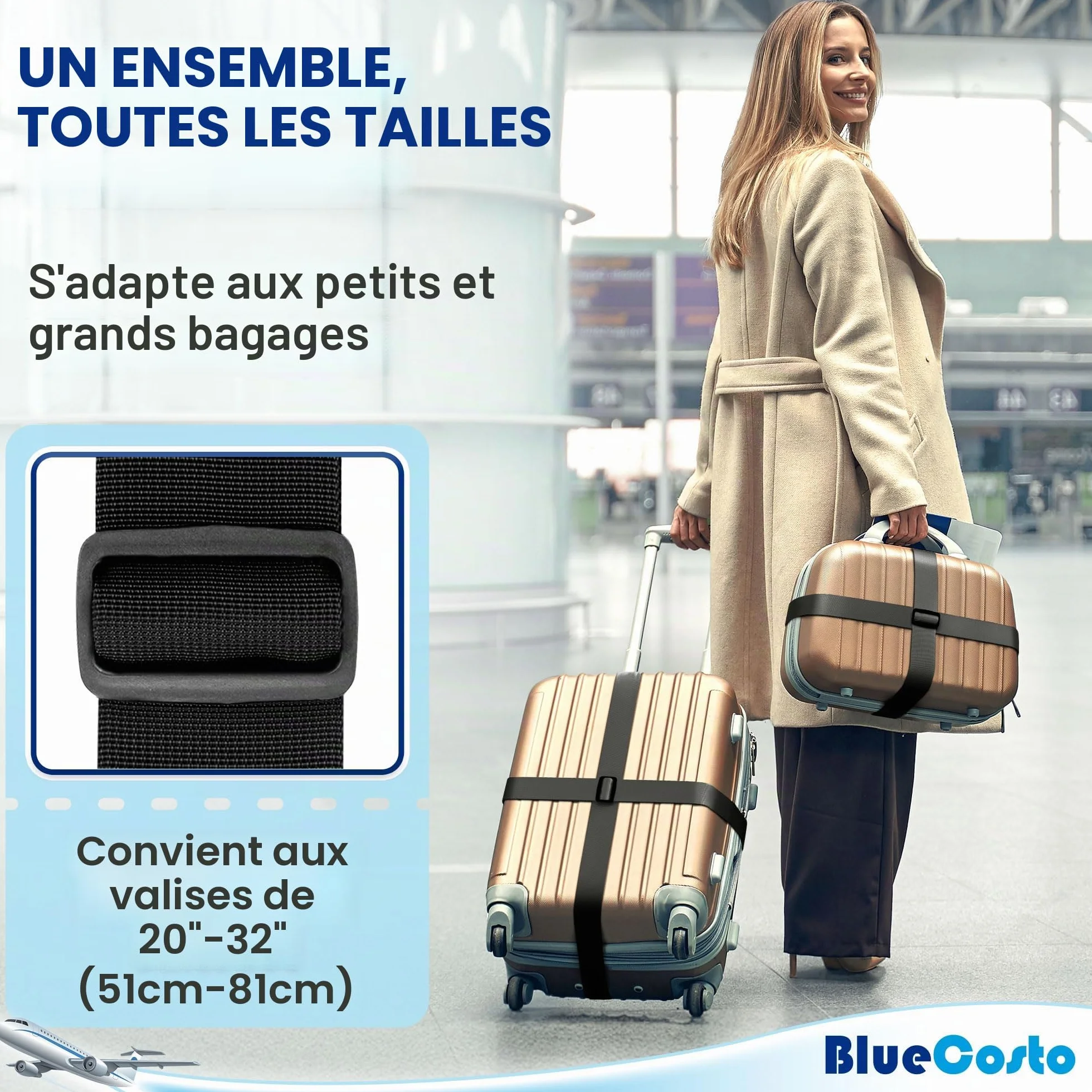 BlueCosto Cinghie per Bagagli in Nylon 4 Pezzi - Cinture per Valigie Regolabili 1-2 Metri Nero
