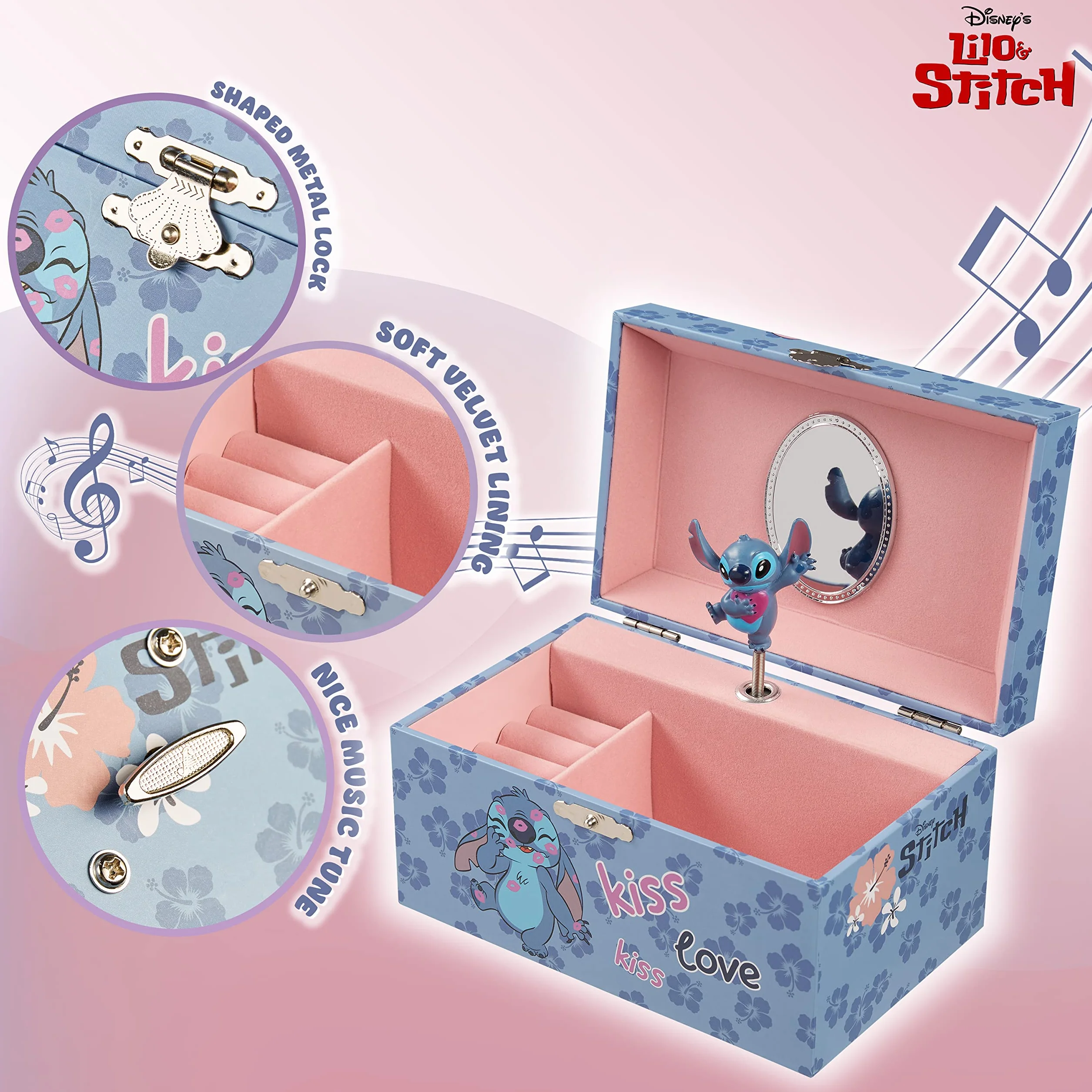 Disney Stitch Boîte à Bijoux Musicale pour Fille, Boite Souvenir à Remontoir Personnage Tournant, Rangement Bague, Déco Chambre, Cadeau Fille ou Ado (Bleu Stitch)