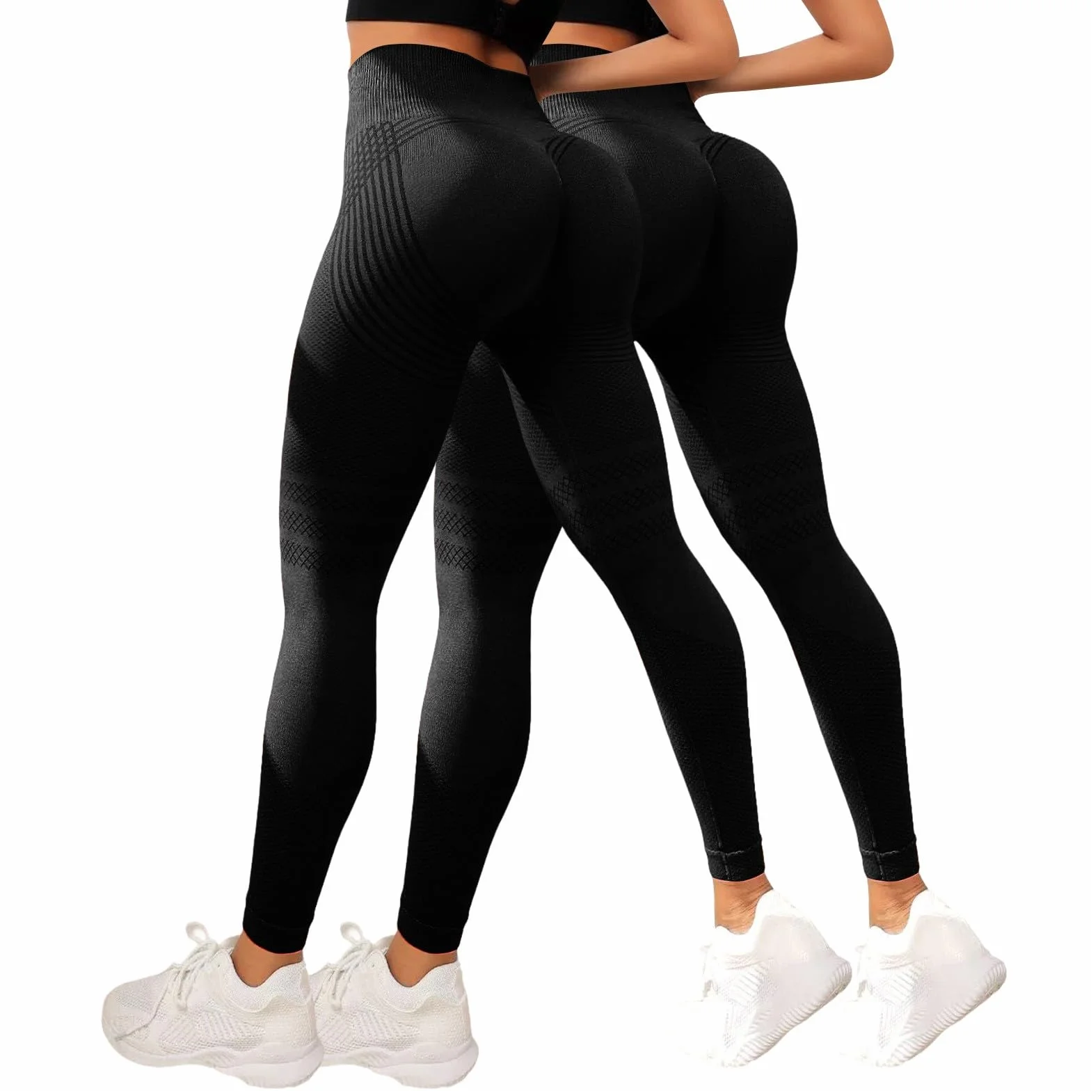 Leggings 3D Anti-Cellulite Compression Taille Haute Sans Couture Push Up Pantalon de Sport Course à Pied Yoga Fitness 2 Pack