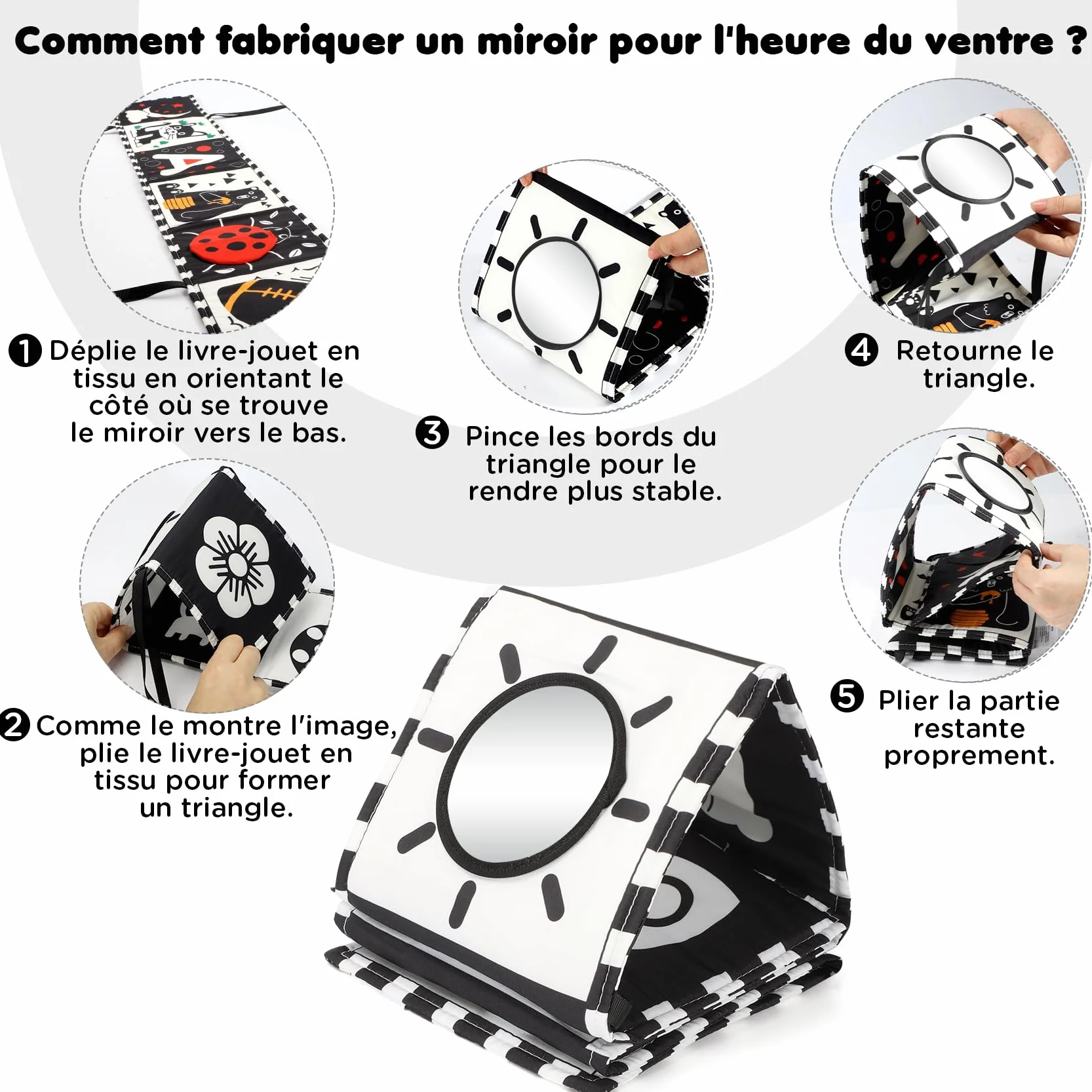 Livre Tissu Bébé Noir et Blanc Montessori Haute Contraste Sensoriel 0-3-6-12 Mois Jouet Eveil