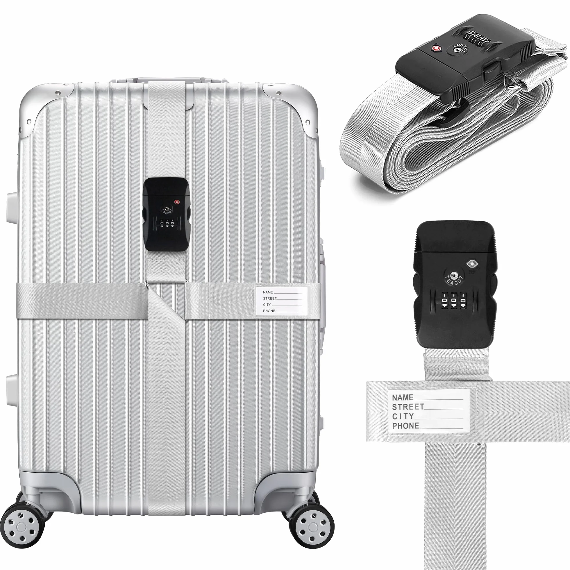 Sangles de Bagages Croisées avec Serrure TSA et Étiquette Nominative, Accessoires de Voyage Visibles et Sécurisés (Argent)