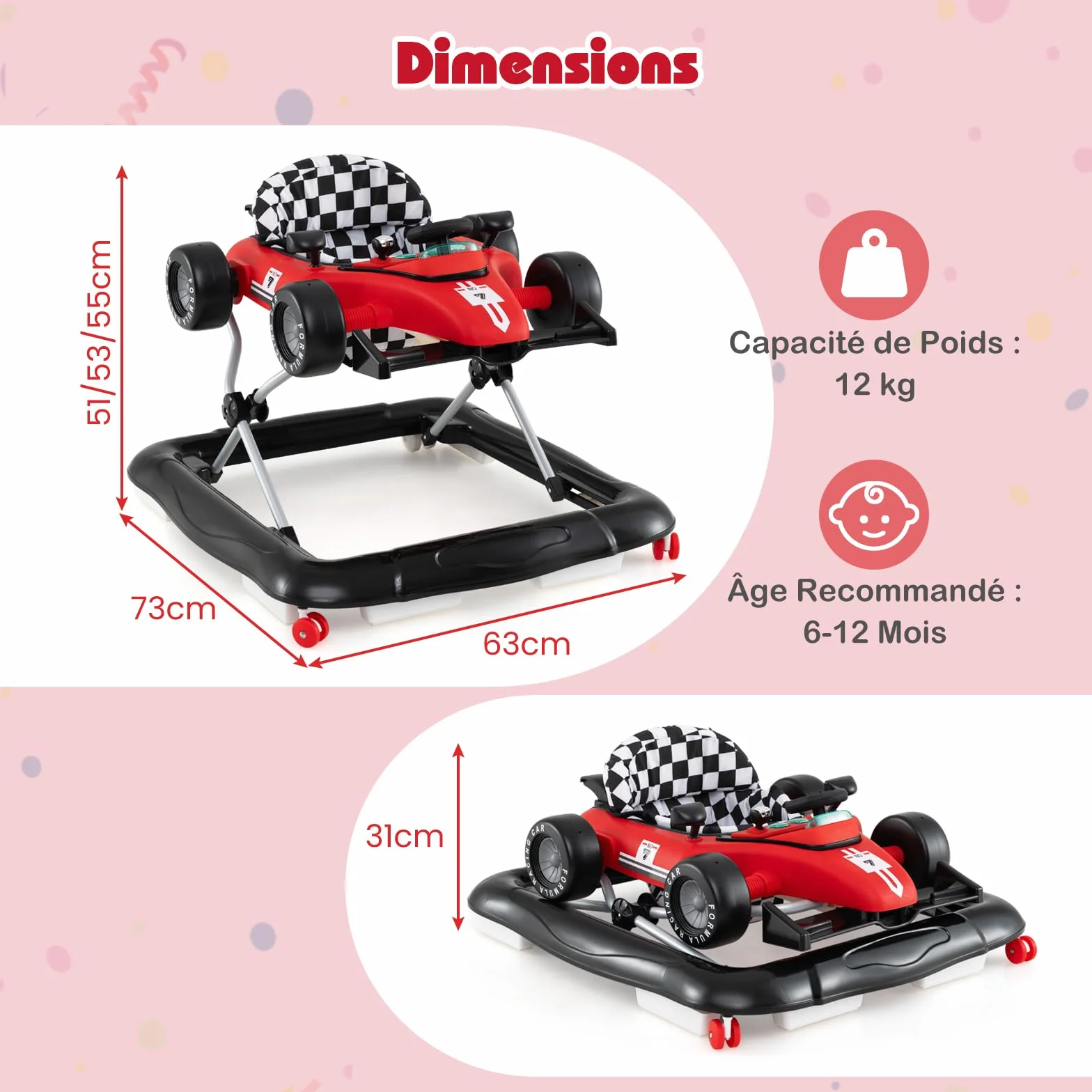 GOPLUS Trotteur Bébé 4 en 1 Pliable avec 3 Hauteurs Réglables, Musique, Lumières, Charge 12 KG 6-12 Mois Rouge