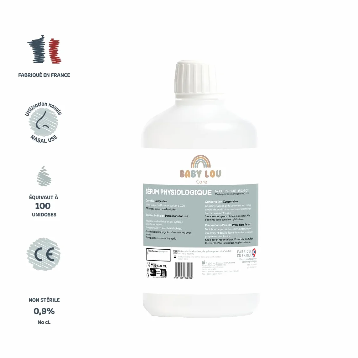 Sérum Physiologique 5x500ml NaCl 0,9% Lavage des fosses nasales Hygiène du nez