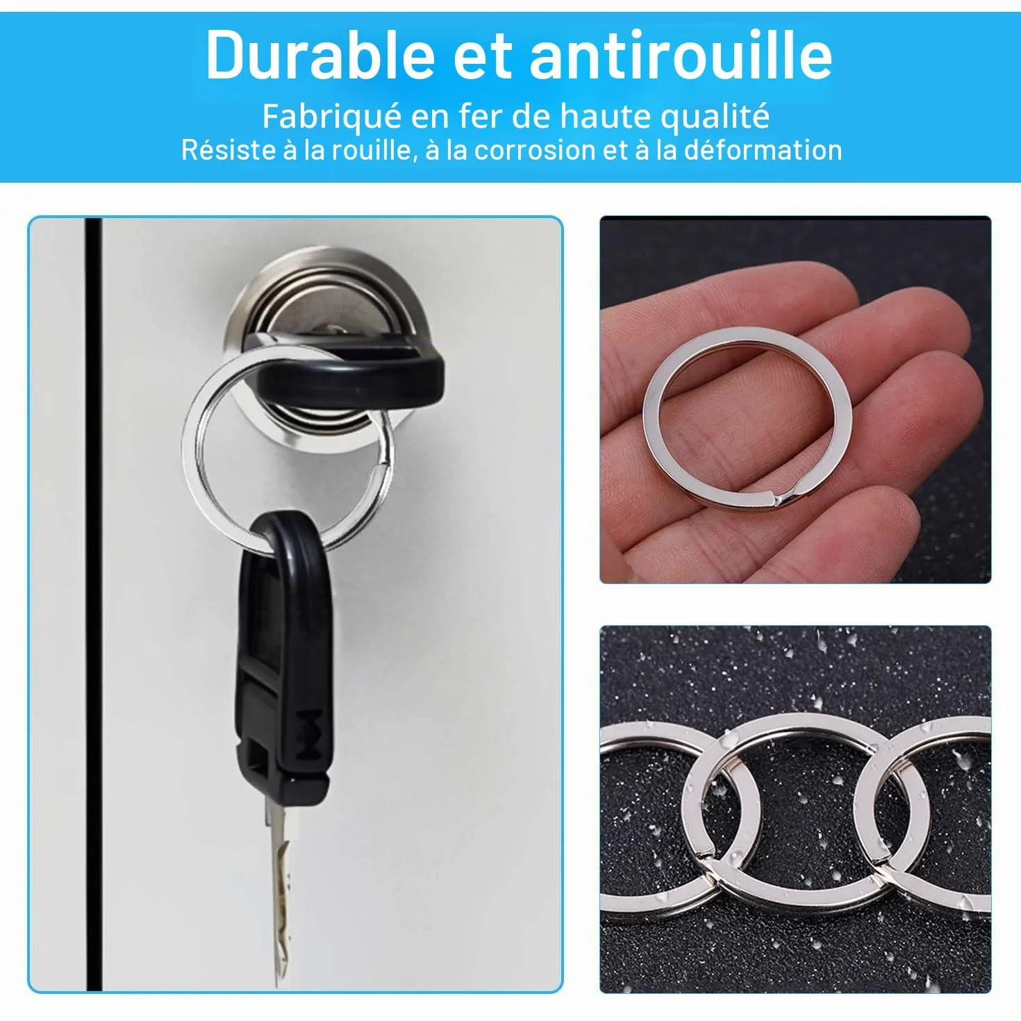 Porte-clés en Acier Inoxydable 30 mm, Lot de 50 Anneaux Porte Clés Plats et Sûrs