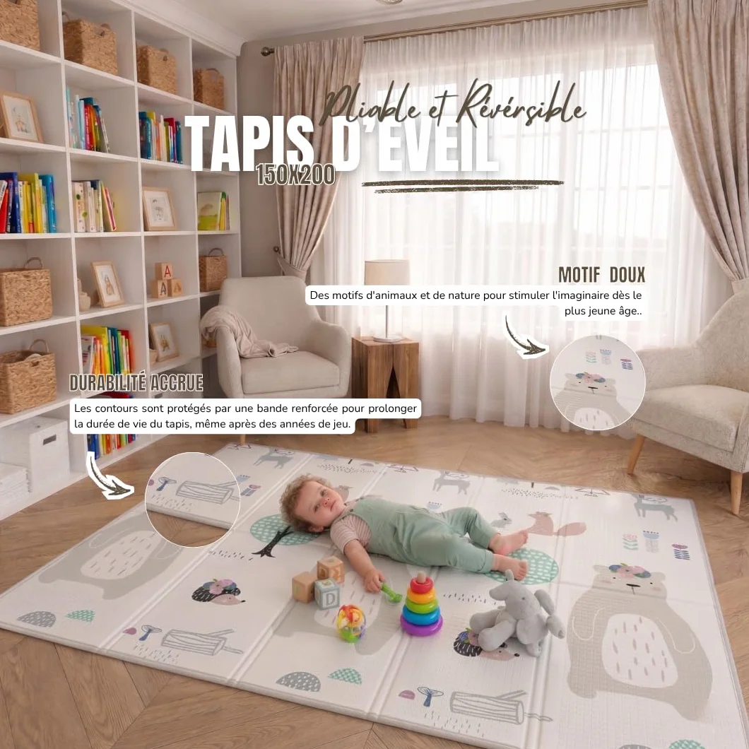 Tapis d'Éveil Bébé Pliable 200x150x1cm – Tapis de Jeu Épais Réversible Antidérapant Imperméable CE Sans BPA