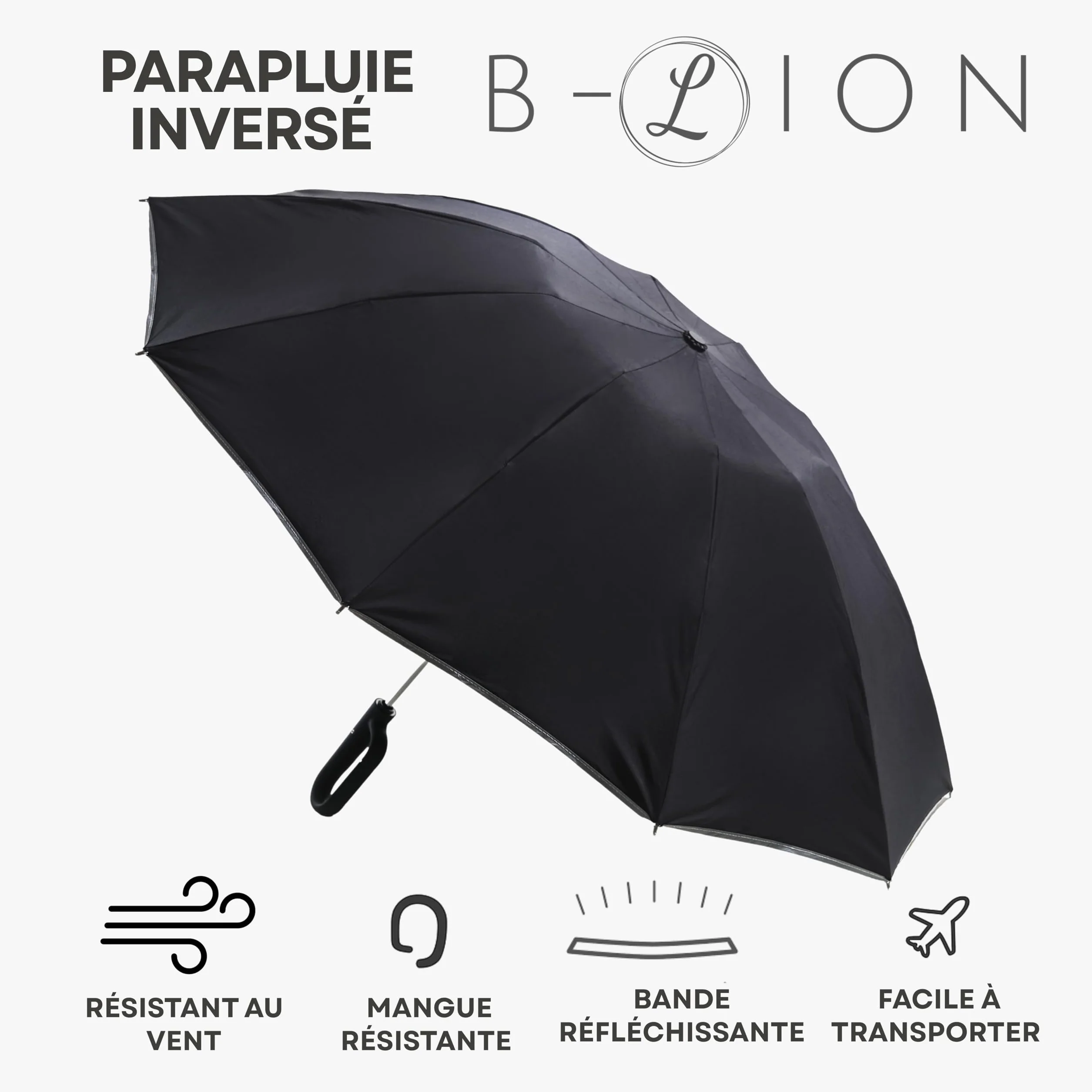 B-LION Parapluie Pliant Inversé 10 Baleines Renforcées Bande Réfléchissante Automatique Coupe-Vent Poignée Clip