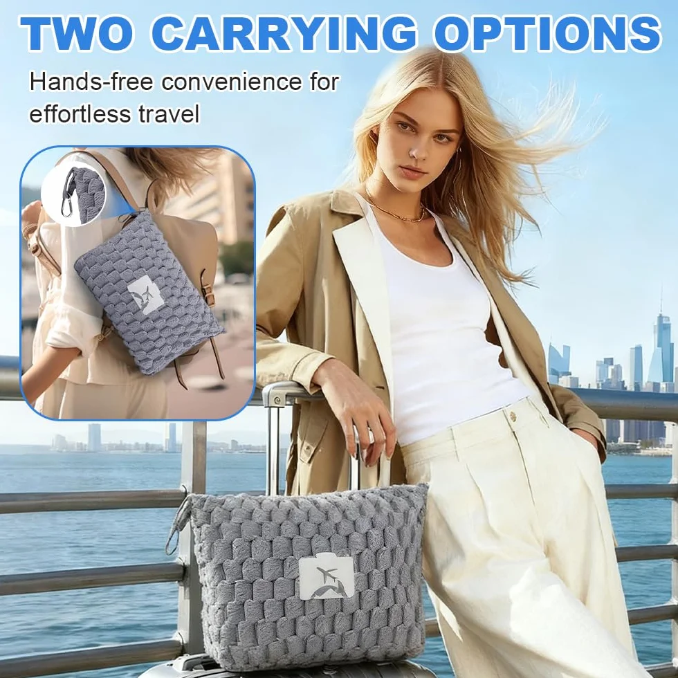 Couverture de Voyage Pliable 2 en 1 avec Oreiller, Douce et Chaude avec Étui, pour Avion Voiture Bureau Gris