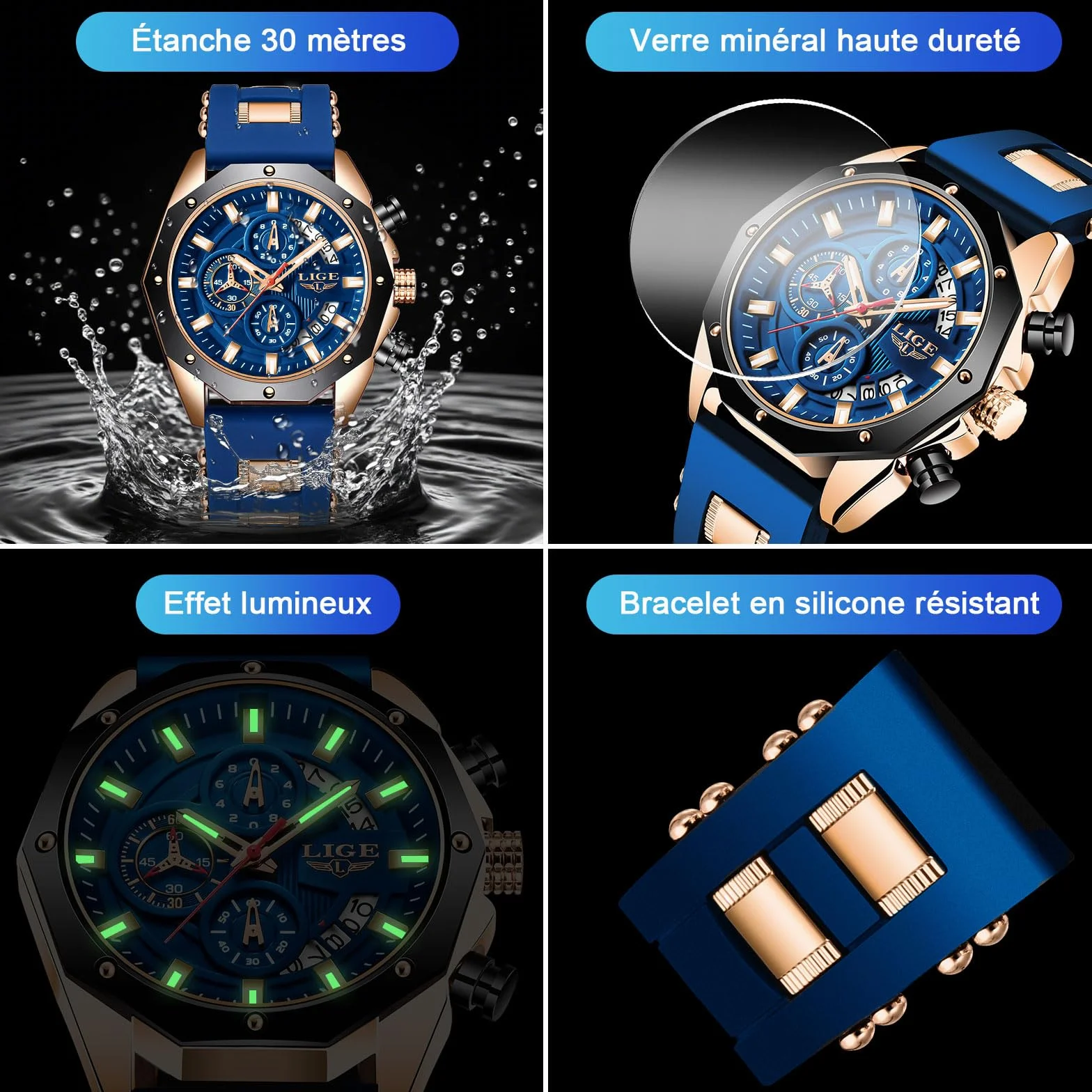 LIGE Montre Homme Chronographe Quartz Analogique 3ATM Etanche Bracelet Silicone Lumineux Date