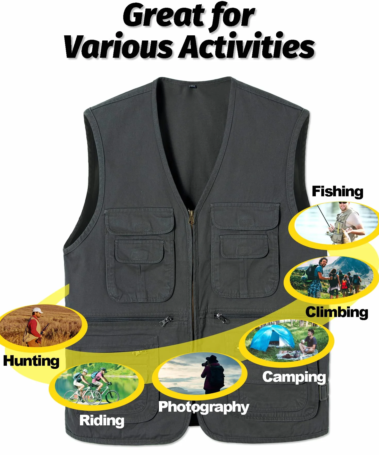 Gilet de Pêche Photographe Multi-poches Veste de Chasse Sans Manche Coton Plein Air