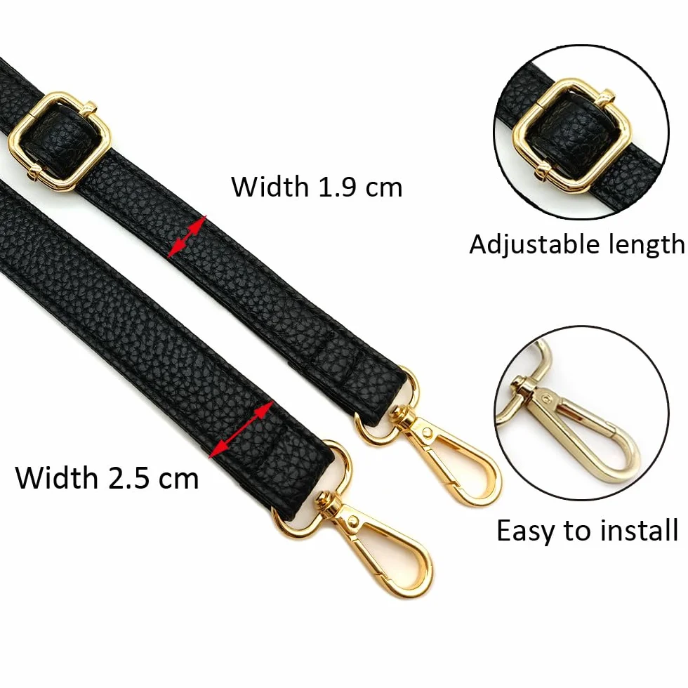 Bandoulière Rechange Réglable en Cuir pour Sac à Main Femme, 80-125cm, Sangle de Remplacement avec Boucle Dorée, 1.9cm, Noir