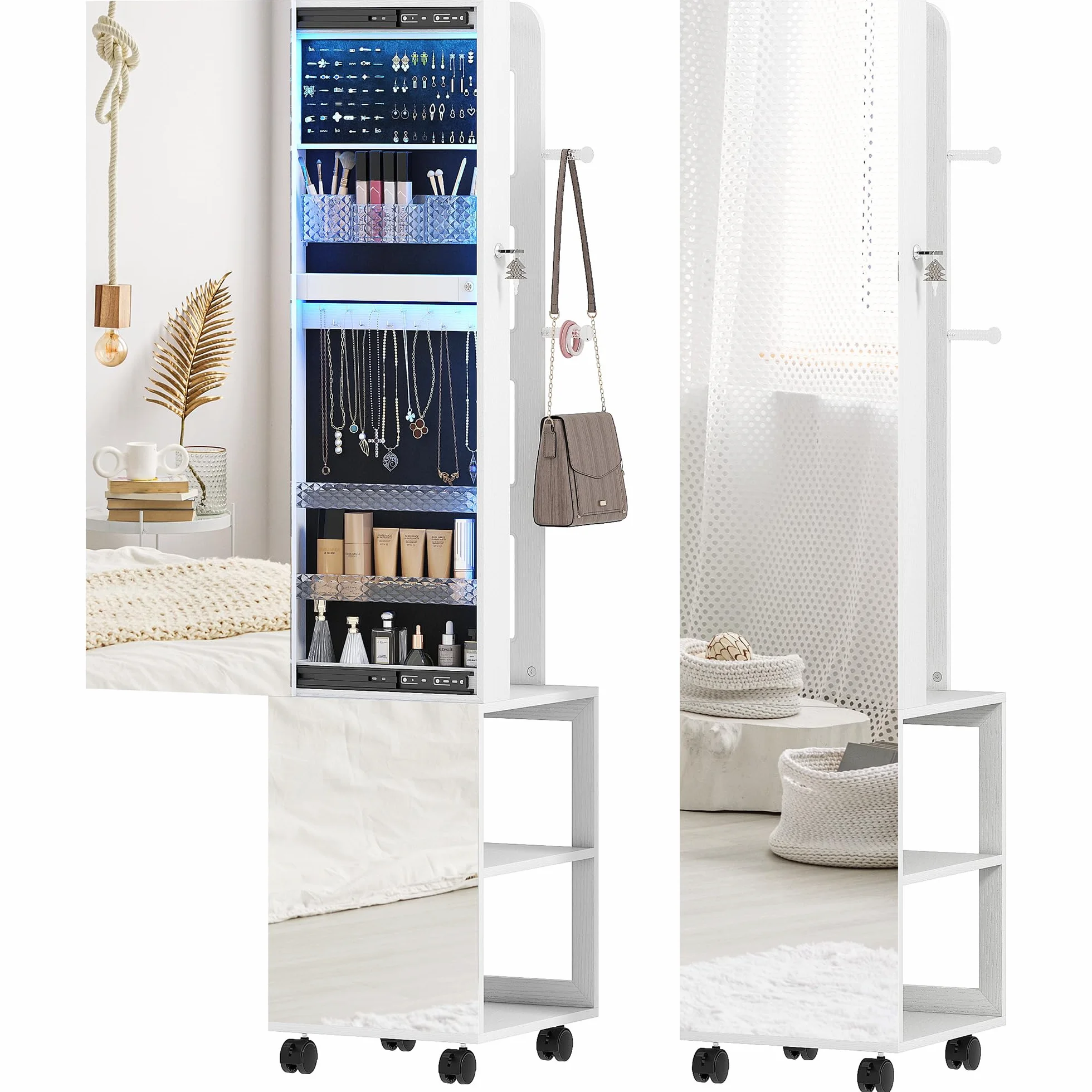 HOMCOM Armoire à bijoux pivotante 360° avec miroir LED, organisateur verrouillable, blanc