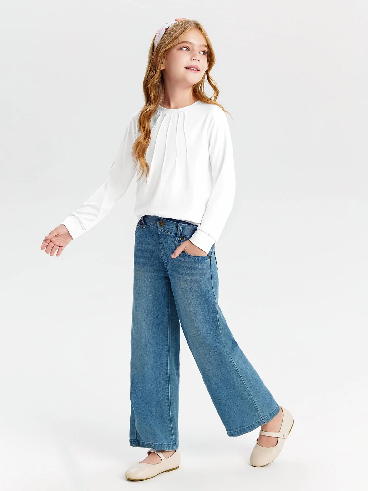T-shirt à manches longues pour fille Col rond Couleur unie