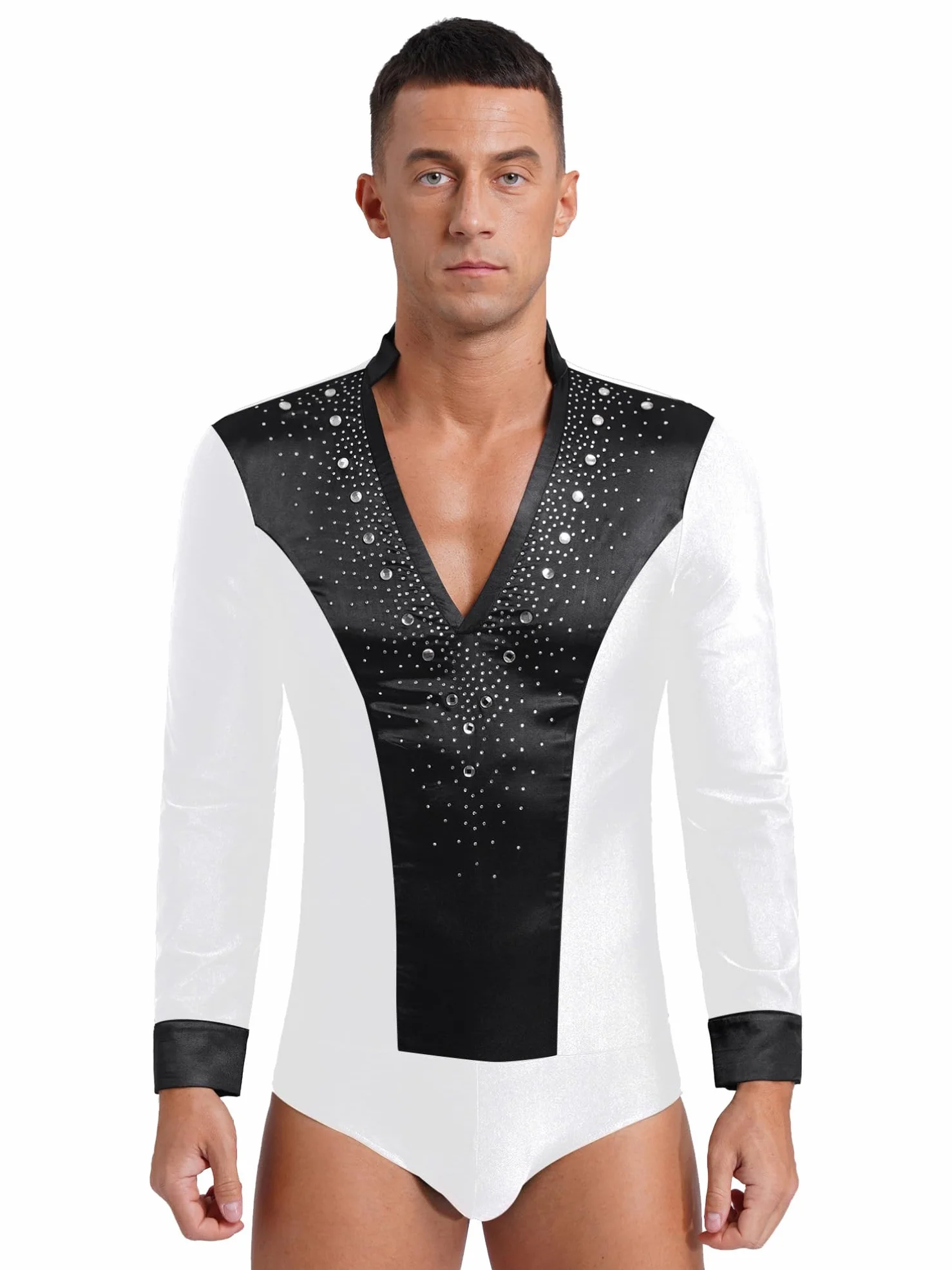 Combinaison Col V Profond Patinage Artistique Danse Justaucorps Brillant Strass Gymnastique