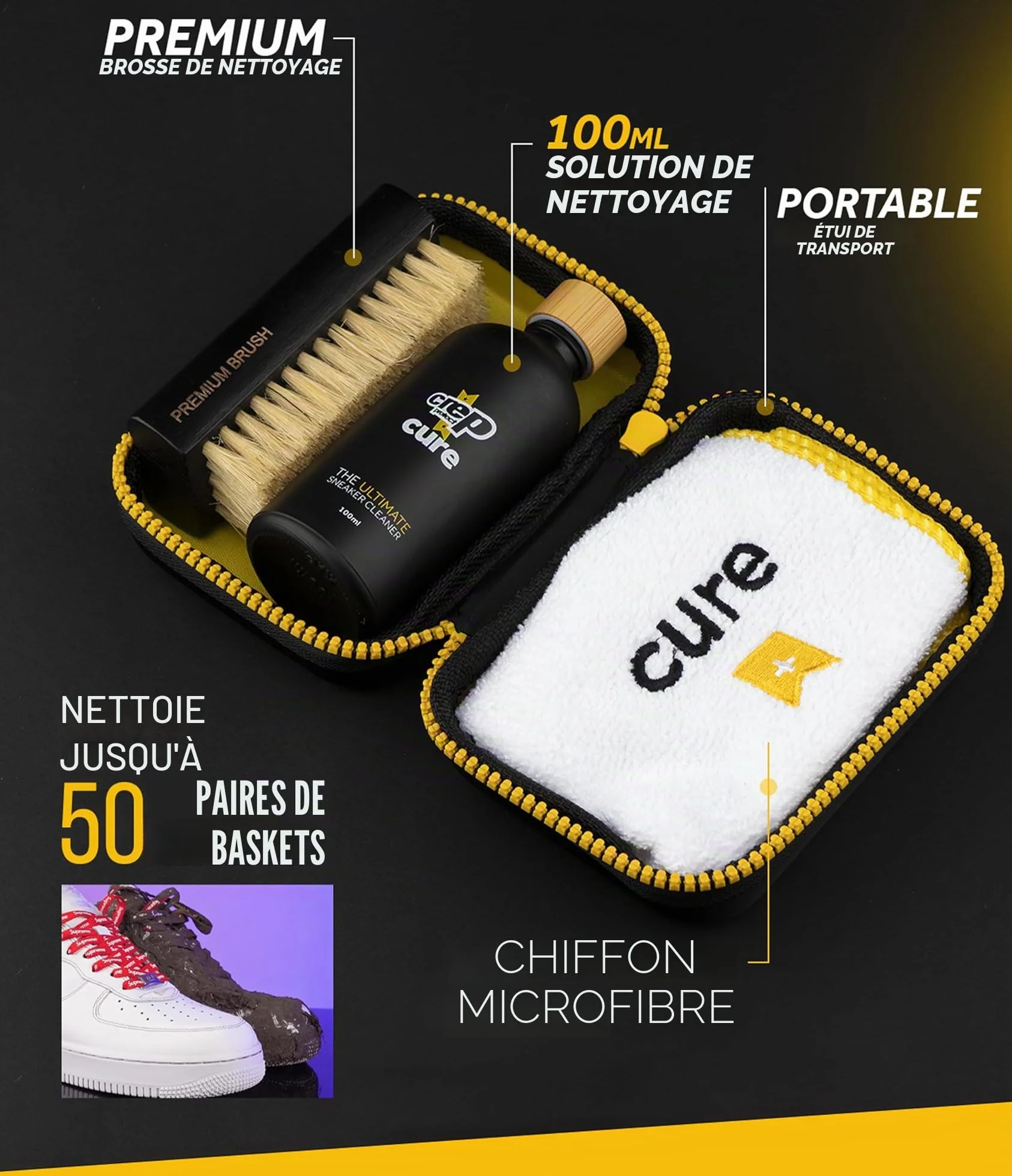 Crep Protect Kit de CURE - Kit de nettoyage de baskets haut de gamme avec brosse, solution 100 ml, chiffon microfibre et pochette réutilisable