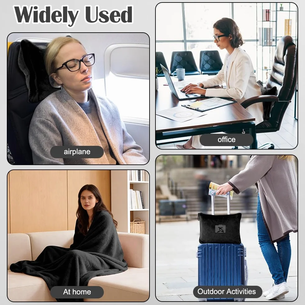 Couverture de voyage douce et chaude 2 en 1 152 x 127 cm Noir pour avion voiture