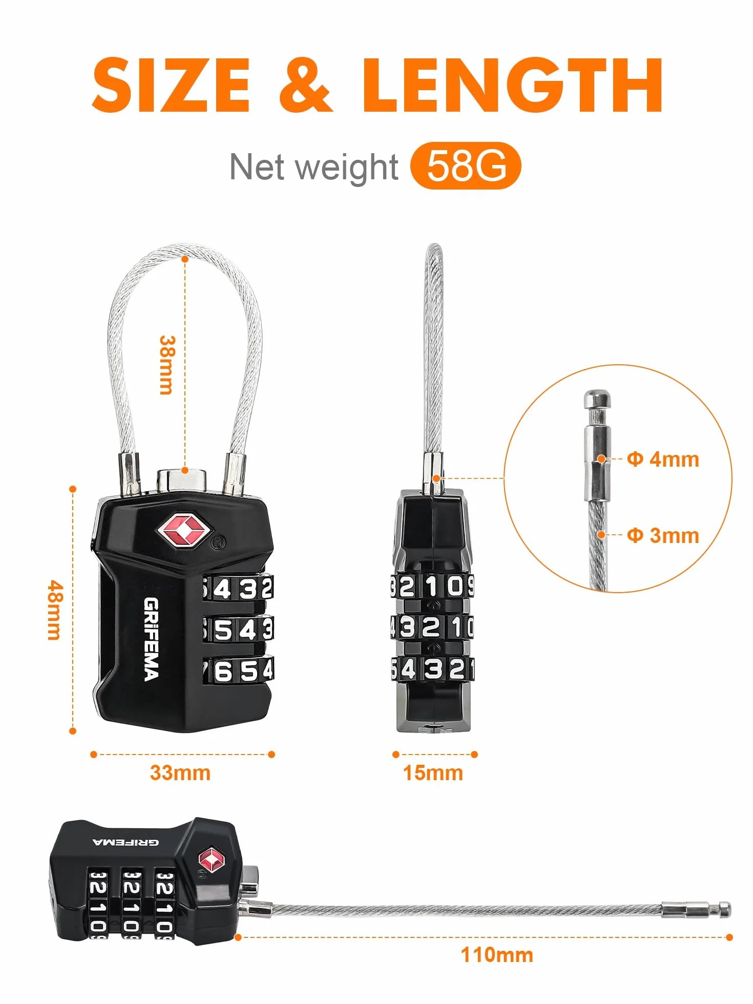 GRIFEMA Cadenas à Combinaison 3 Chiffres TSA, Câble Flexible Antivol Valise Bagages