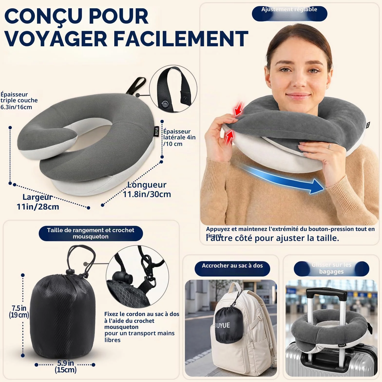 BUYUE Coussin de nuque de voyage 360° pour avion avec masque 3D, bouchons d'oreilles et sac
