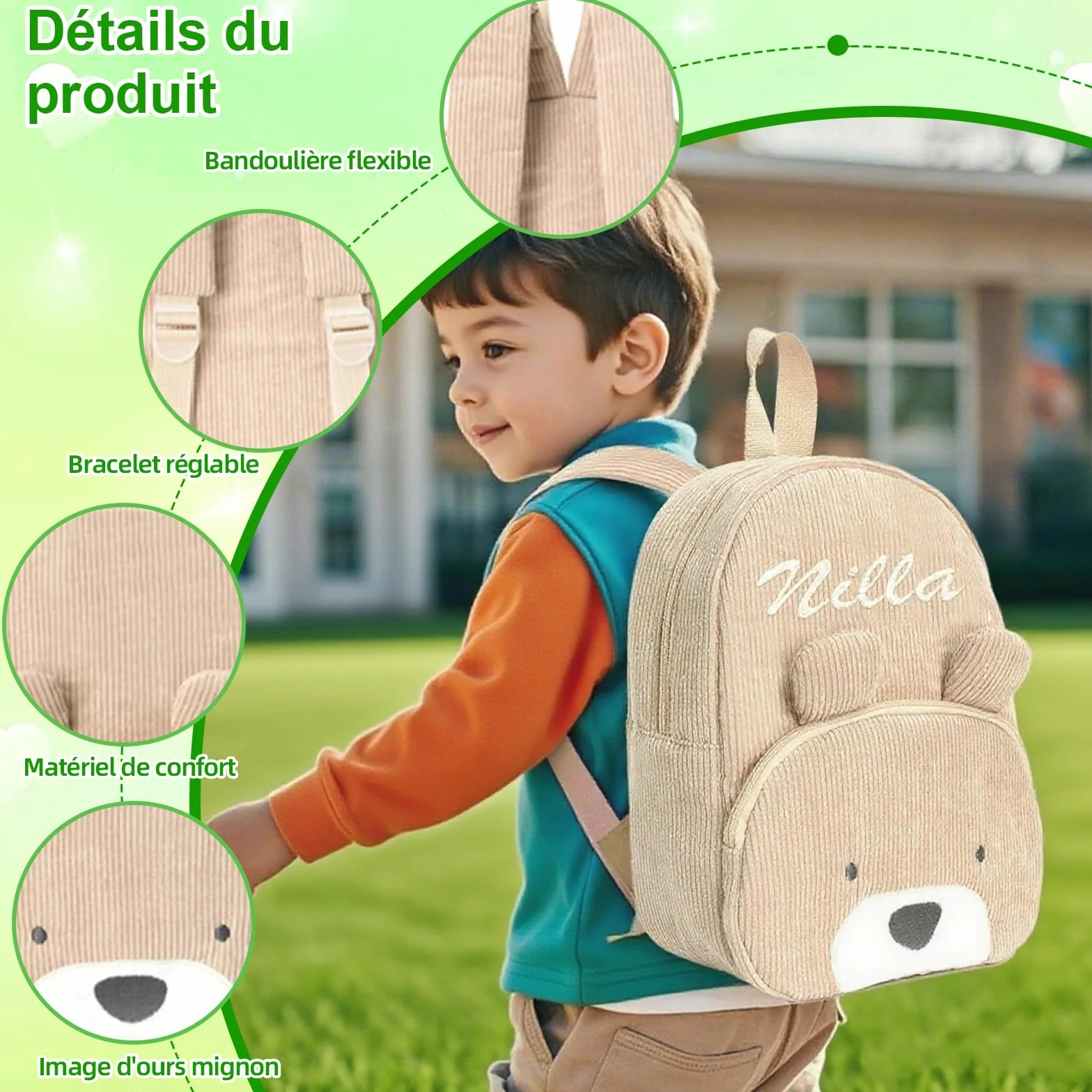 Personalised Corduroy Toddler Backpack with Embroidered Name, Cute Bear Mini Rucksack for Nursery, Preschool, Kindergarten