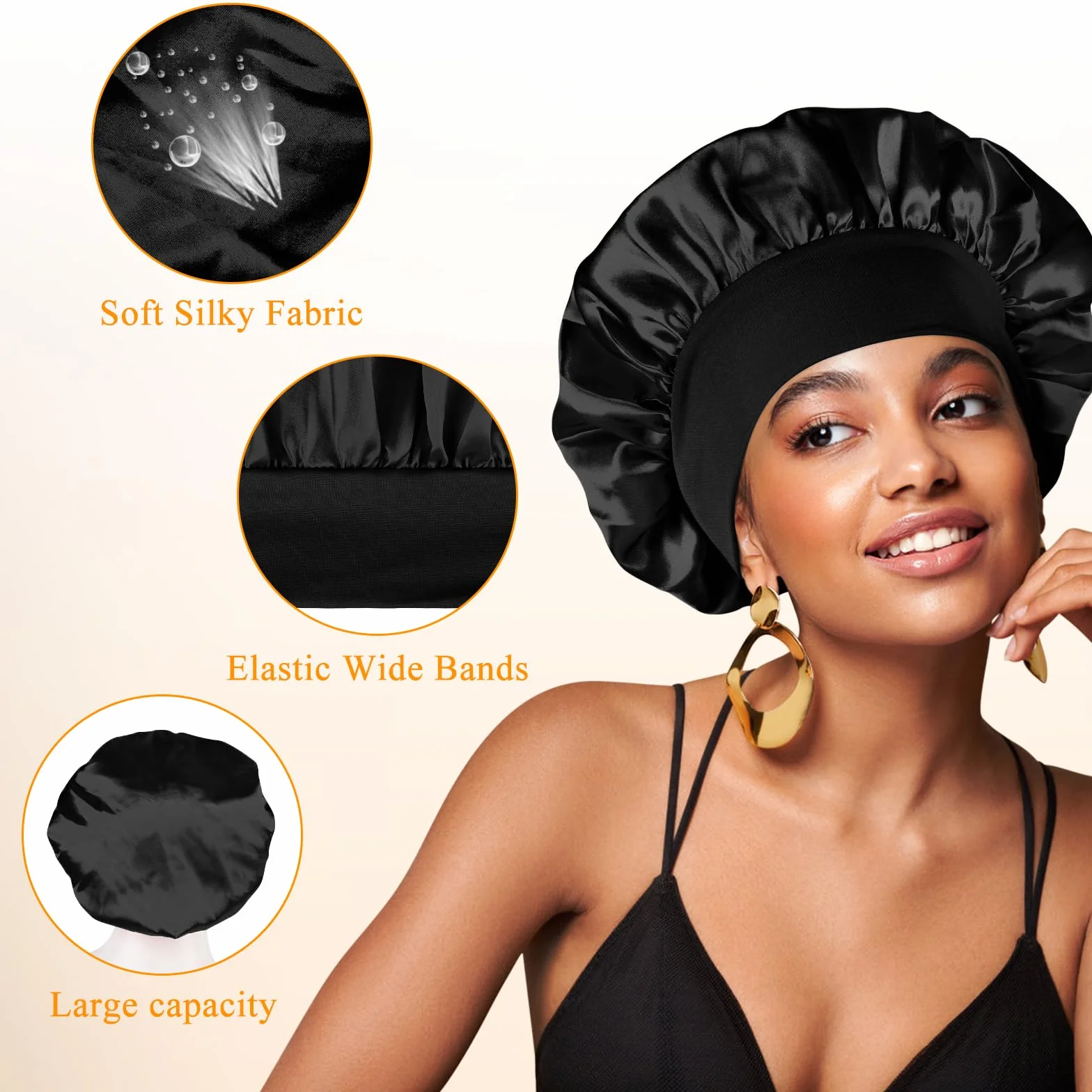 Bonnet Satin Cheveux Nuit Ajustable Élastique Femme Soin Cheveux Bouclés Noir