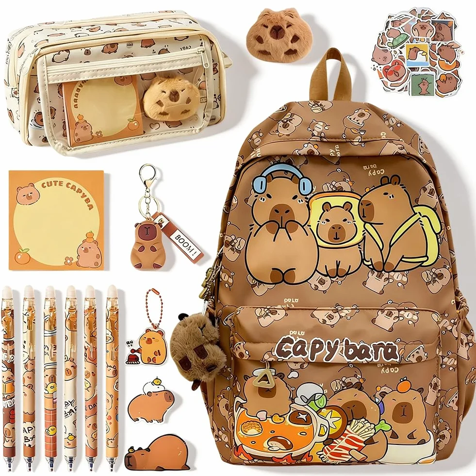 Capybara Schoolbag Cartoon Sac à Dos Scolaire Grande Capacité Kawaii with Federmäppchen, Porte-Clés & Pen Set