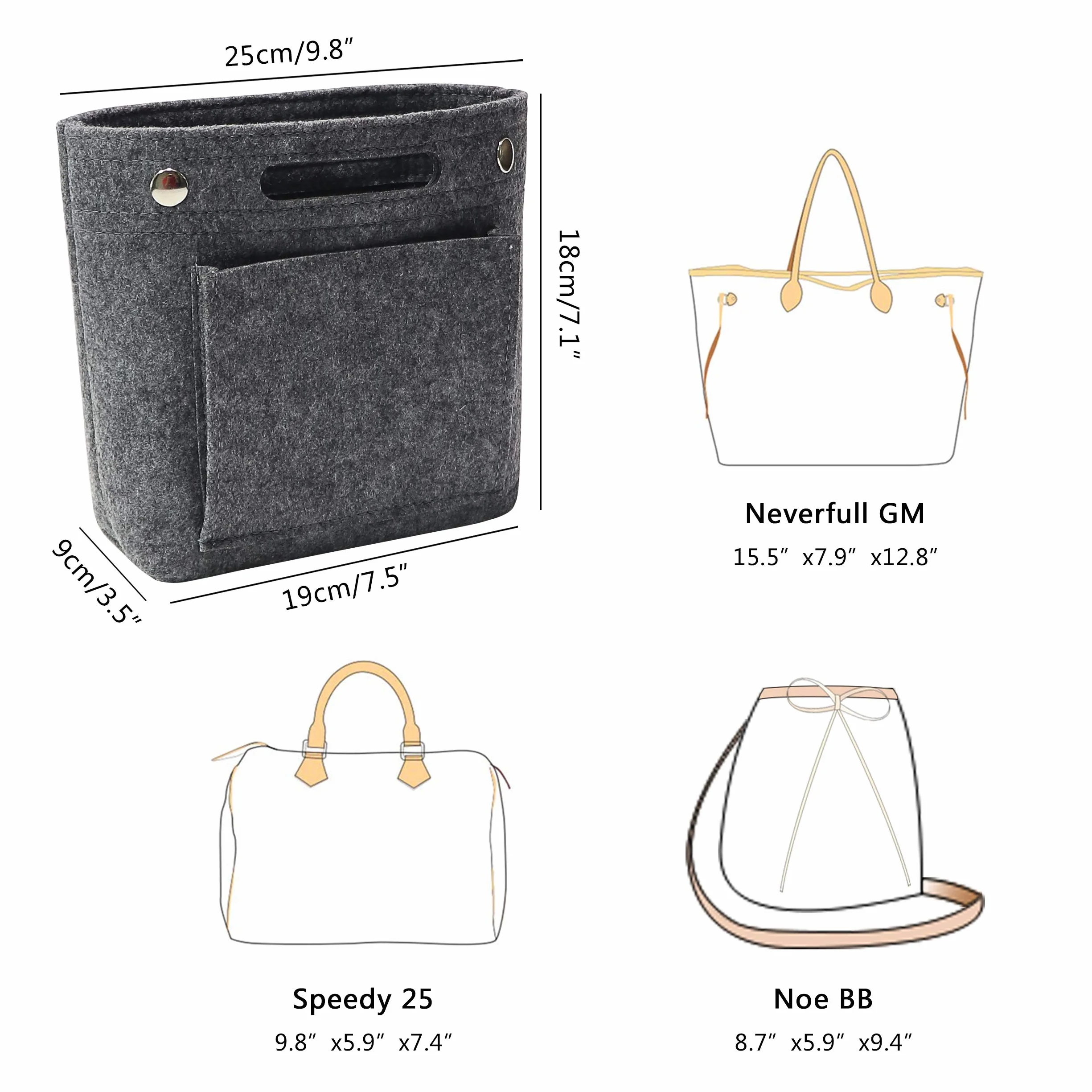 Organiseur de sac à main pour Speedy Neverfull NeoNoe Noe BB, 6 couleurs