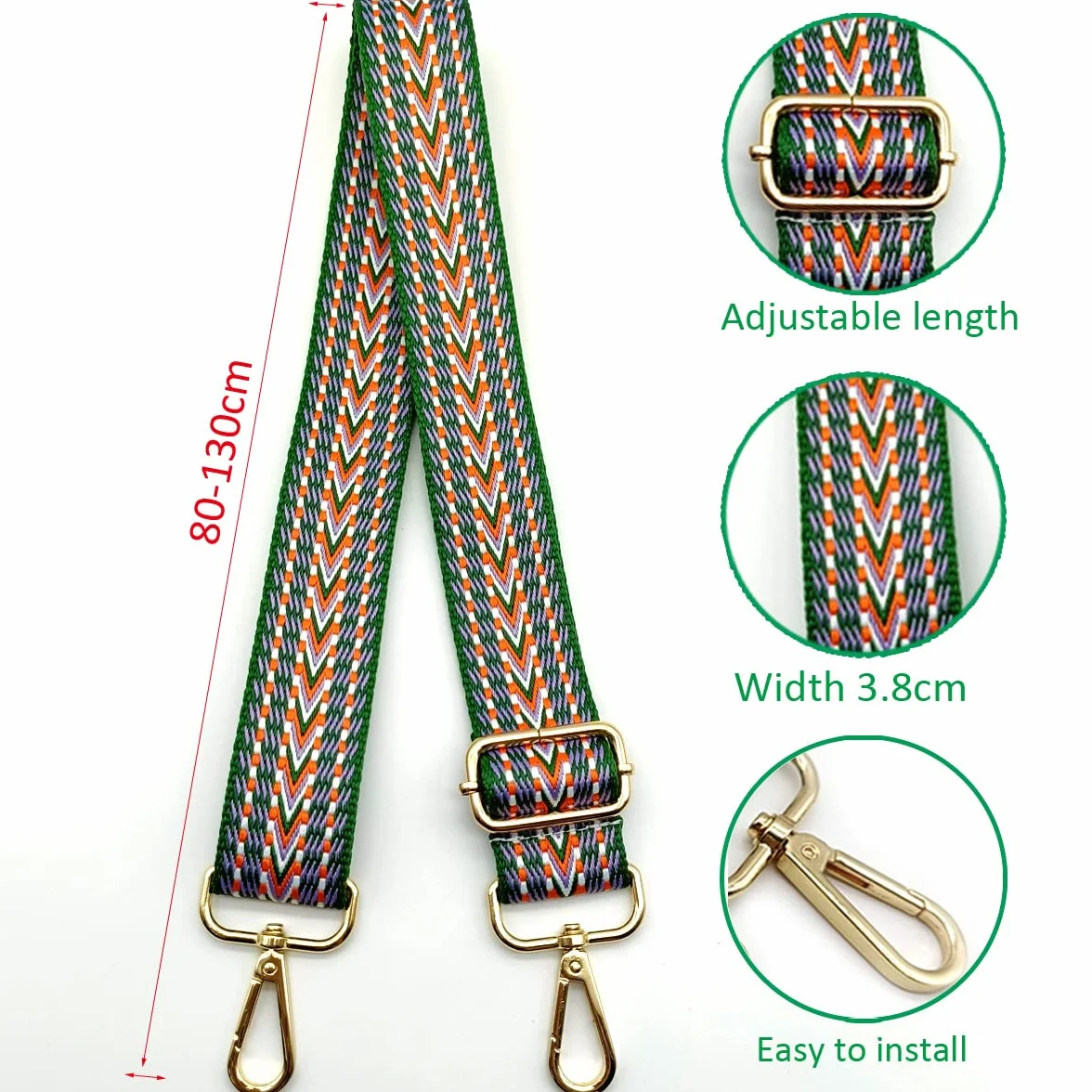 Sangle de Rechange Universelle pour Sac à Main, Bandoulière Réglable Vert Orangé avec Boucle Dorée 22