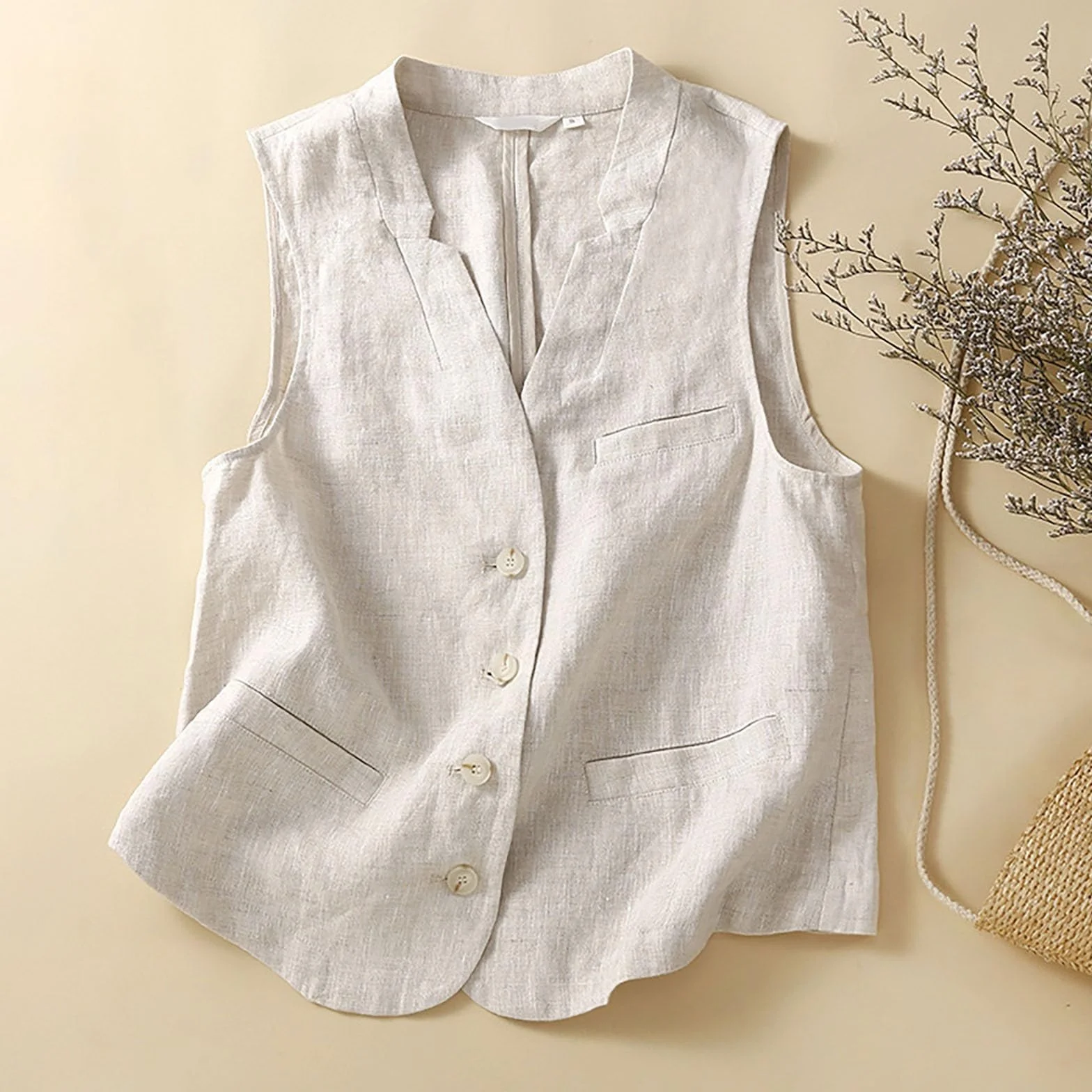 Gilet en lin pour femme Grandes tailles Col en V Sans manches