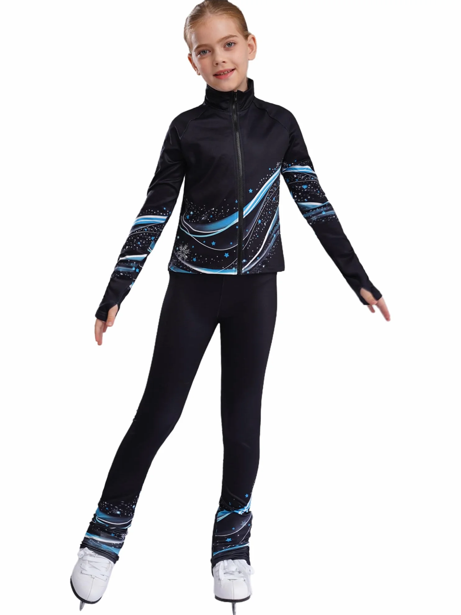 Ensemble Patinage Artistique Fille Veste Chaud Polaire avec Pantalon Legging Tenue Sport A Bleu 9-10 ans